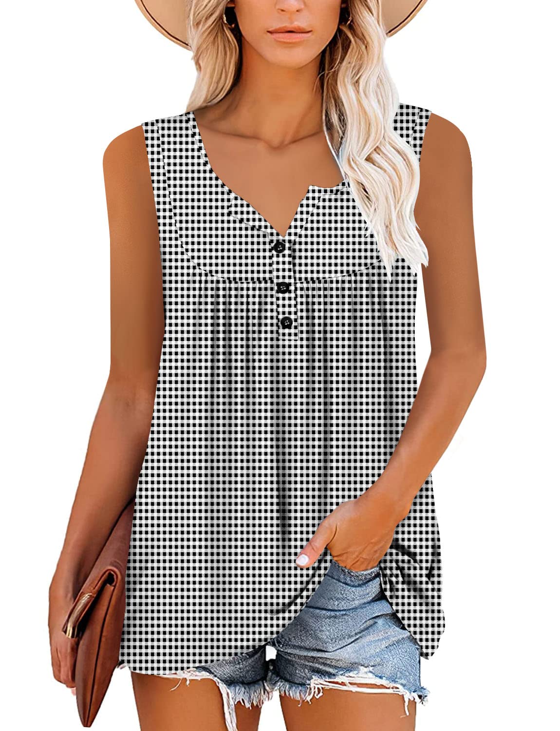BETTE BOUTIK Plaided Summer Tank Tops for Women Black Sleeveless Blouse Henley Tank Tops Women Sleeveless Tunic Women SmallPlaid Large