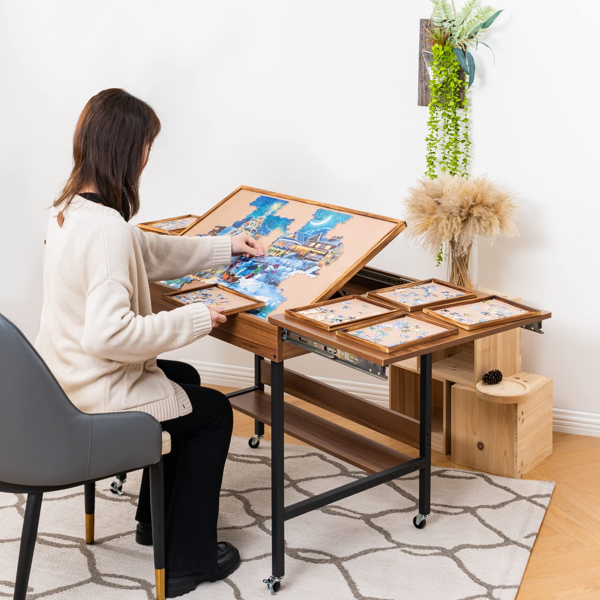 Becko US Foldaway Adjustable Puzzle Table With 8 Sorting Trays, Tilting Puzzle Board with Drawers, Universal Casters for Moves, Under Table Rack for Storage, 30*20.1 in for Puzzles Up to 1000 Pieces