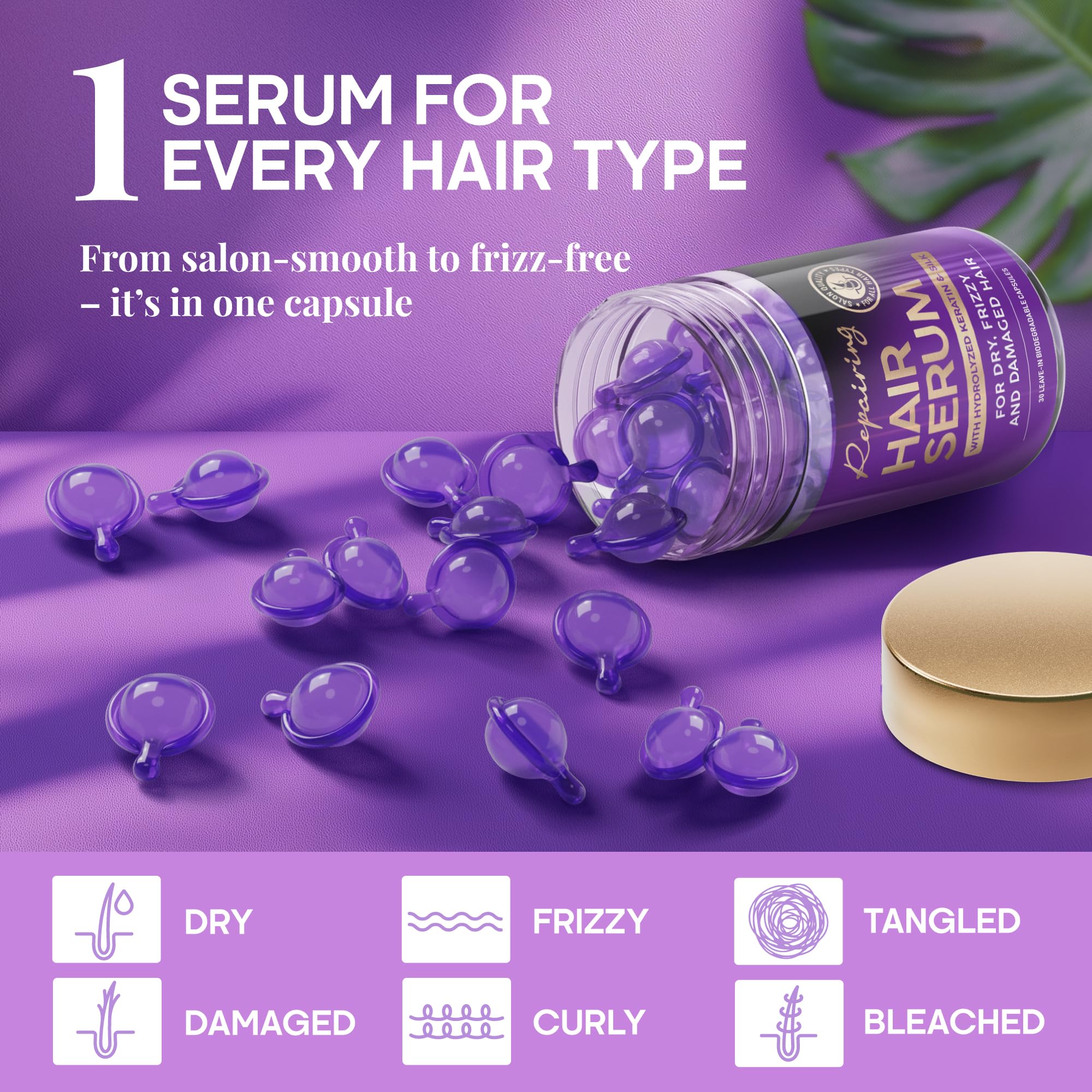 Hair Serum Capsules – Keratin & Silk Protein Hair Treatment with Argan, Coconut, Jojoba & Avocado Oils – Leave‑In Anti‑Frizz Hair Oil w/ Vitamins A, E & B5 for Dry, Damaged Hair – No Rinse, 30 ct
