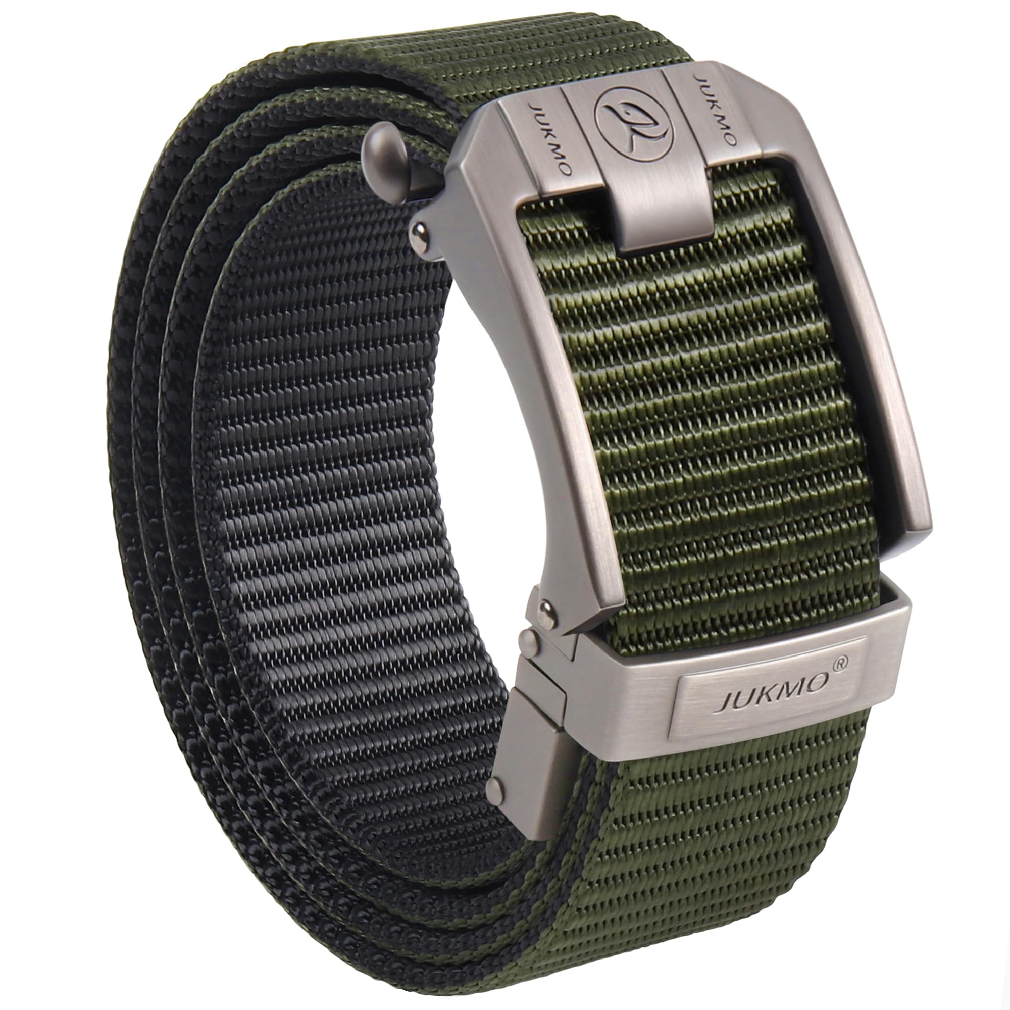 JUKMO Reversible Ratchet Belt, Nylon Web Tactical Work Belt with Automatic Slide Buckle (Green/Black, Medium-for Waist 38"-42" (Length 49"))