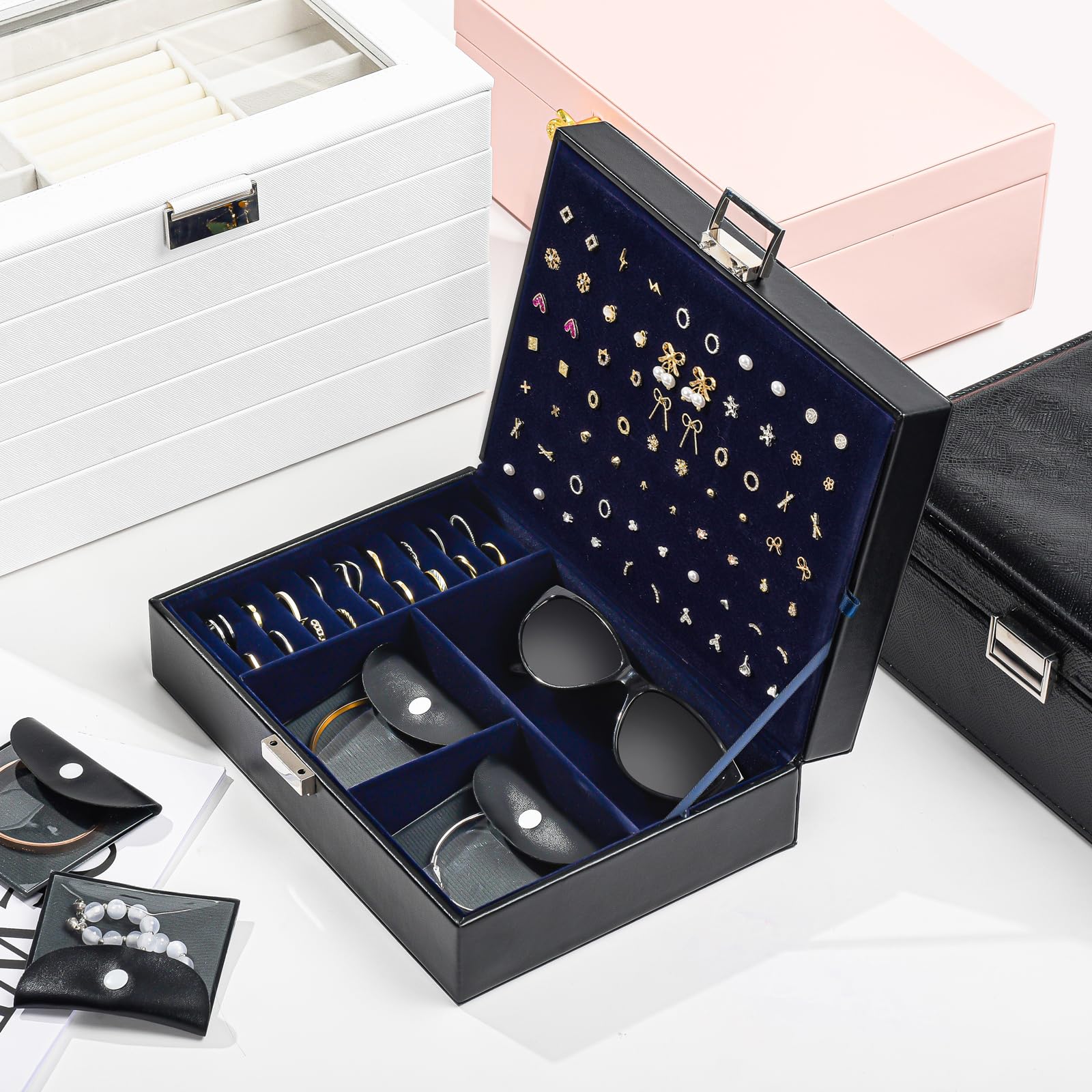 ProCase Jewelry Box Organizer for Women Girls Mothers Day Gift, Upgraded Jewelry Case with 8 Extra Tarnish Free Bags, PU Leather Jewellery Holder Storage Container for Earrings Necklaces Rings -Black