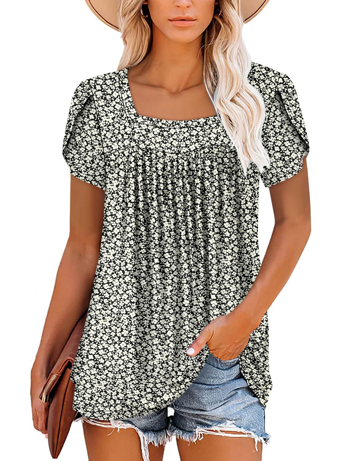 BETTE BOUTIK womens summer petal short sleeve women summer tops loose fit trendy tops square neck tops for women Jade White X-Large