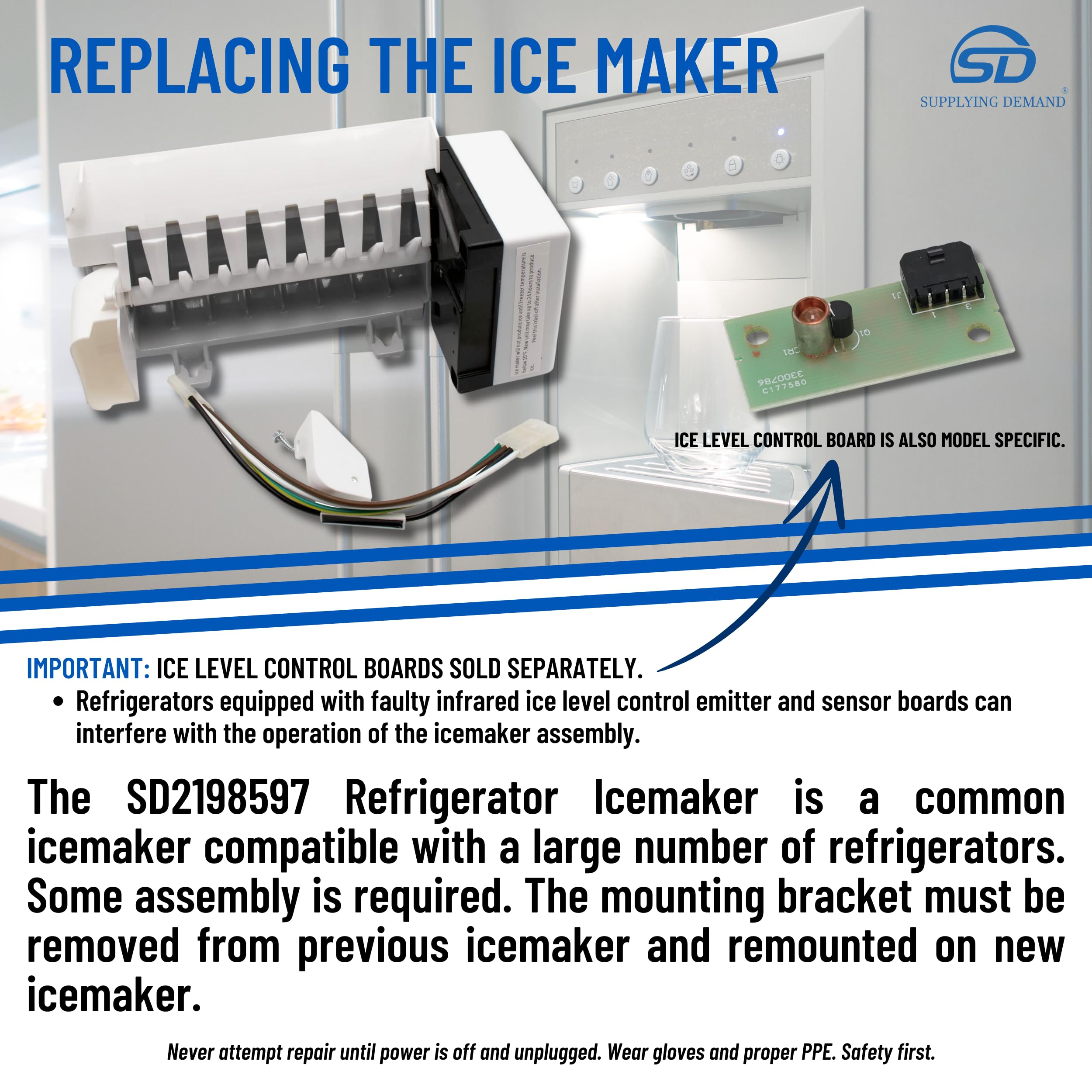 Supplying Demand 2198597 W10190960 Refrigerator Freezer 8 Cube Ice Maker Assembly Replacement Works with W10757851 Control Board Model Specific Not Universal