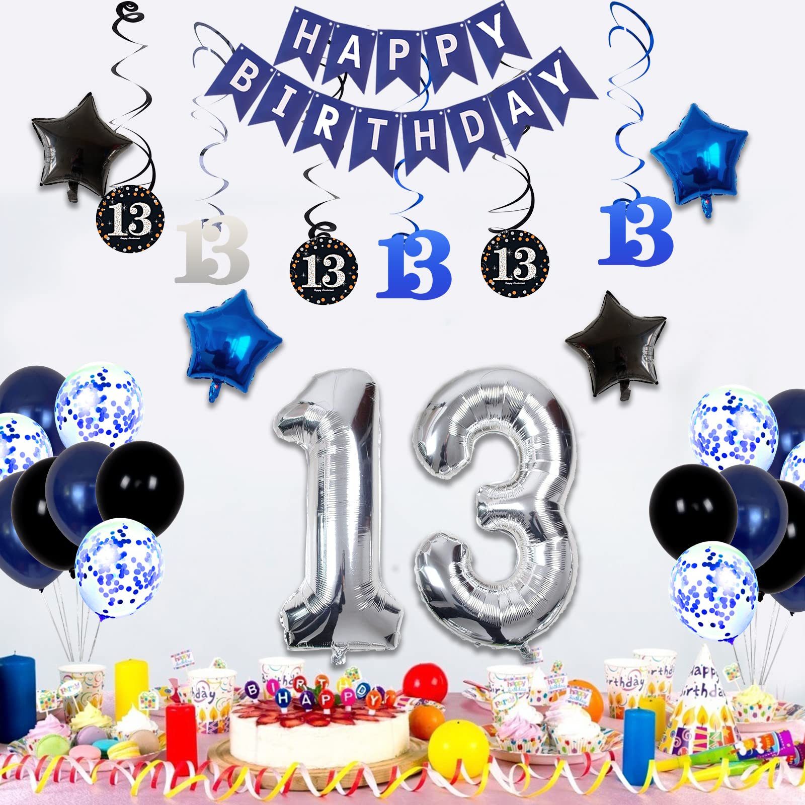 13th Birthday Decorations for Boys Dark Blue, HAPPY BIRTHDAY Banner and Silver Number 13 Balloons, Deep Blue Theme Party for Girls - 13 Years Old Birthday Party Supplies Kit for Teenager and Kids