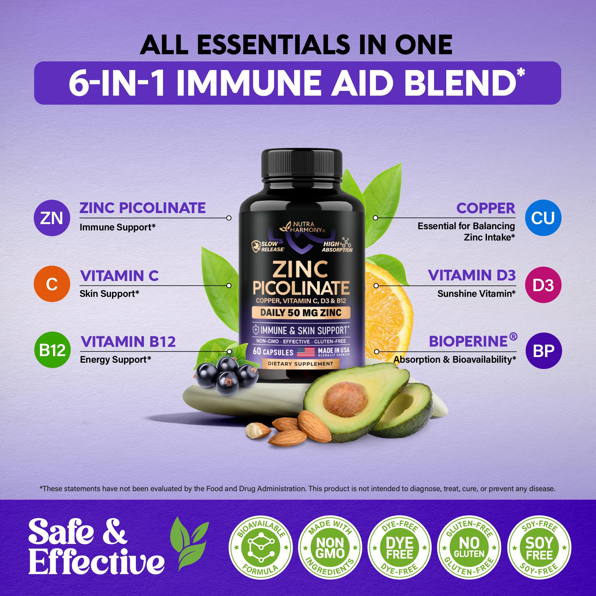 Zinc Picolinate 50mg - Zinc Supplement with Copper, Vitamin D3 & B12 - Stomach Friendly | Slow Release - Immune Support & Skin Health - High Absorption with BioPerine & Vitamin C - 60 Capsules