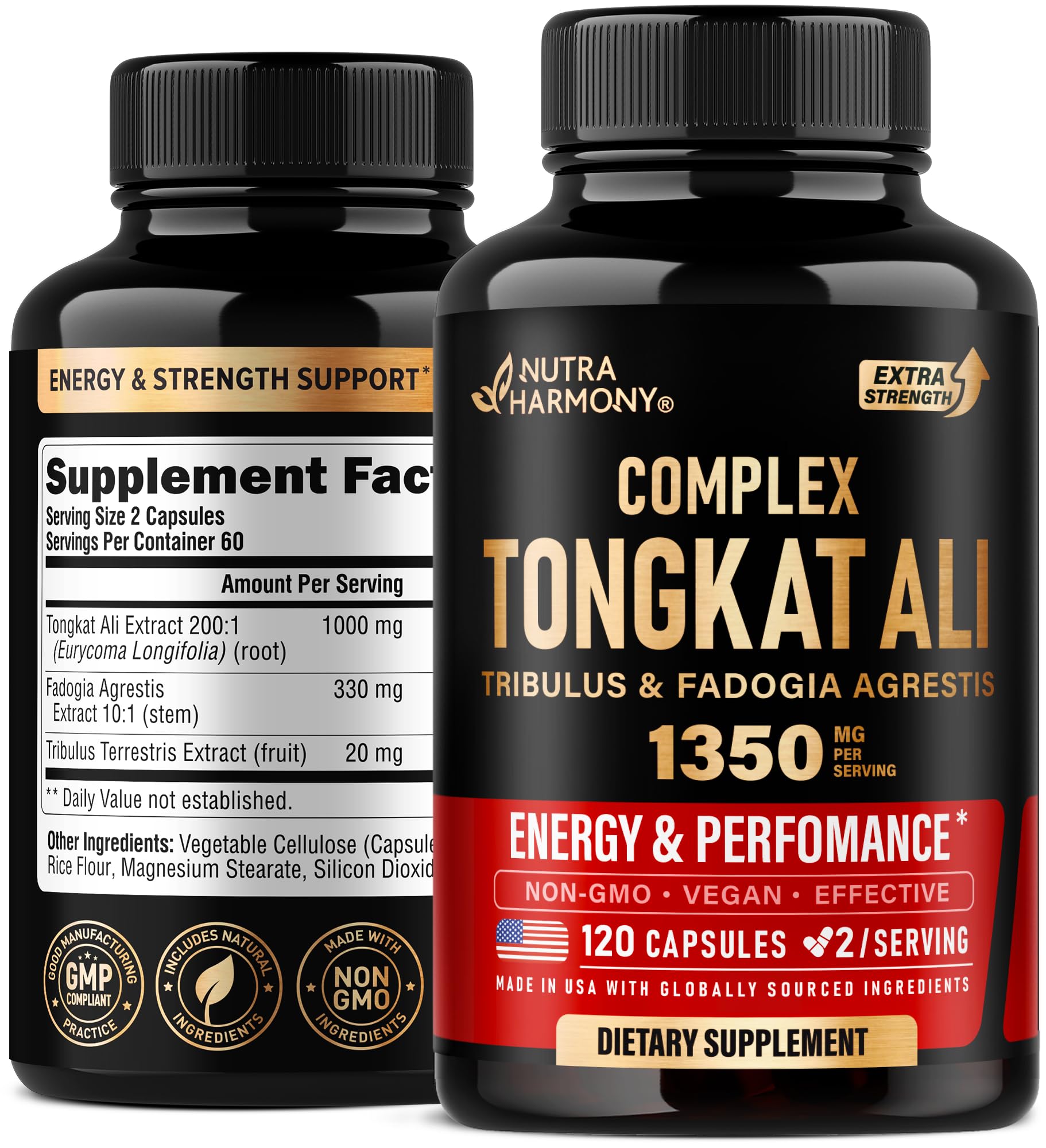 Tongkat Ali Men 1350mg Complex - Fadogia Agrestis | Tribulus Terrestris - Energy, Strength & Performance Support - Extra Strength 200:1 Extract - 3rd Party Tested, Made in USA - 120 Capsules / 2 Month