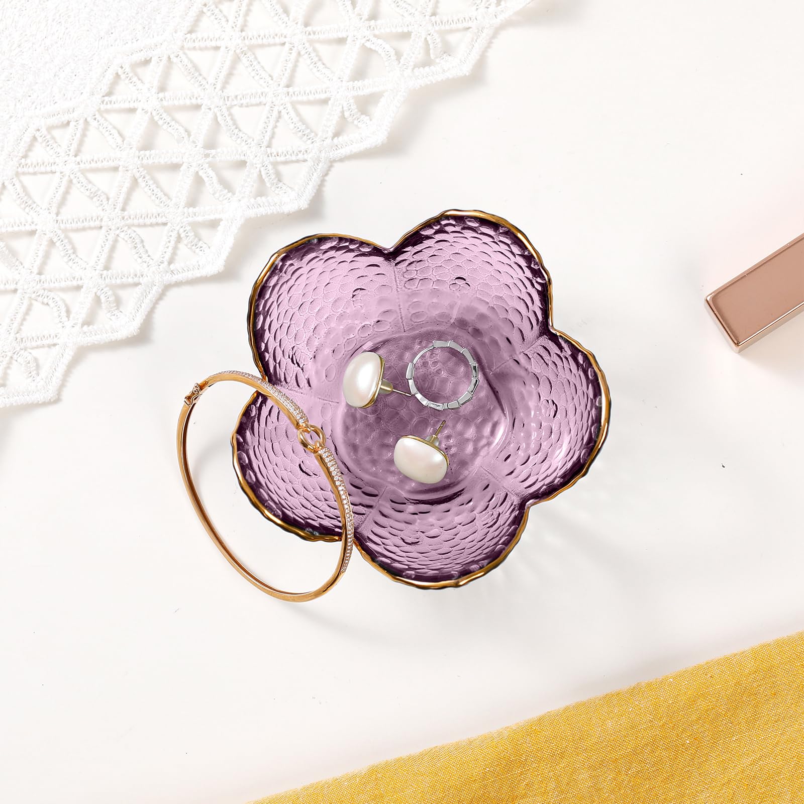 Purple Flower Jewelry Dish Glass Ring Holder Dish Jewelry Tray Cute Vanity Organizer Aesthetic Nightstand Bathroom Room Decor Trinket Dish Mothers Day Friendship Christmas Birthday Gifts for Women