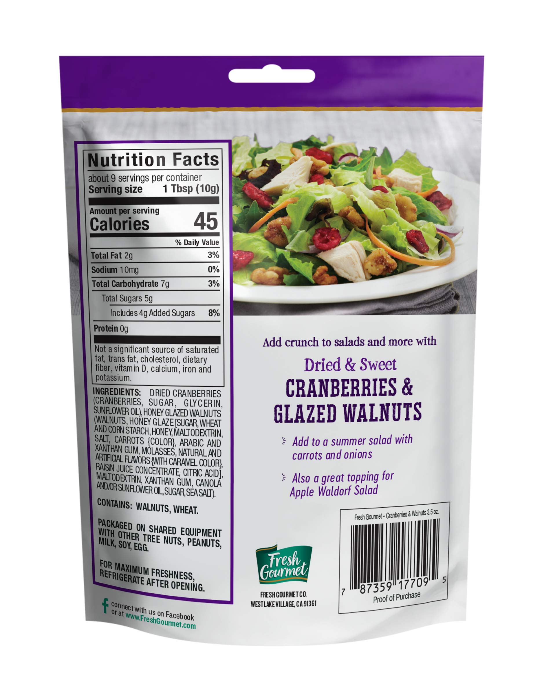 Fresh Gourmet Dried Cranberries & Glazed Walnuts | 3.5 Ounce, Pack of 9 | Crunchy Snack and Salad Topper