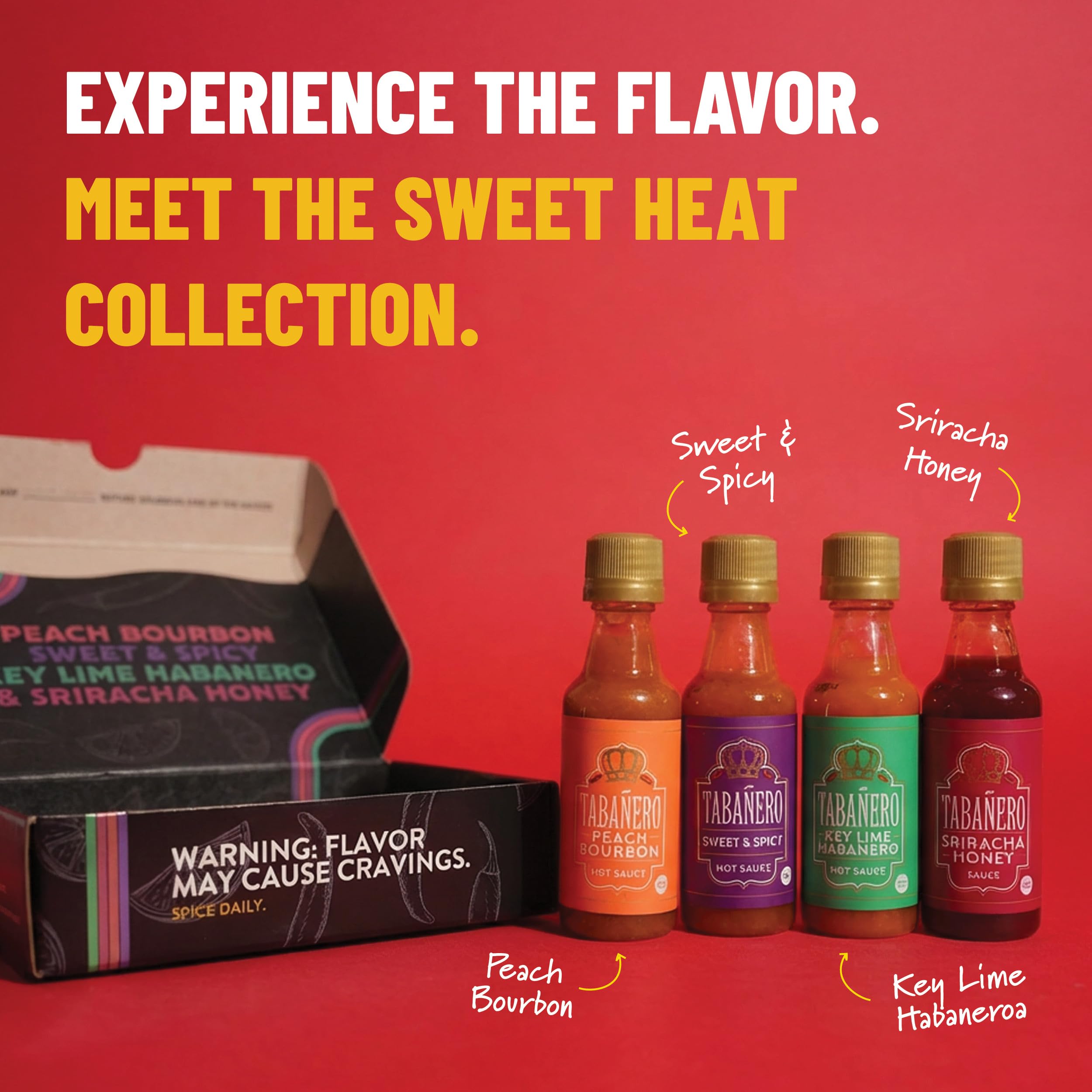 Tabañero Variety Hot Sauce Gift Set, 4 Pack, Kit Includes Peach Bourbon, Sriracha Honey, Key Lime Habanero, Sweet & Spicy, 1.7 oz Mini Glass Bottles, All Natural, Gluten Free, Low Sodium, Kosher, Made in the USA, Easter Gifts for Men