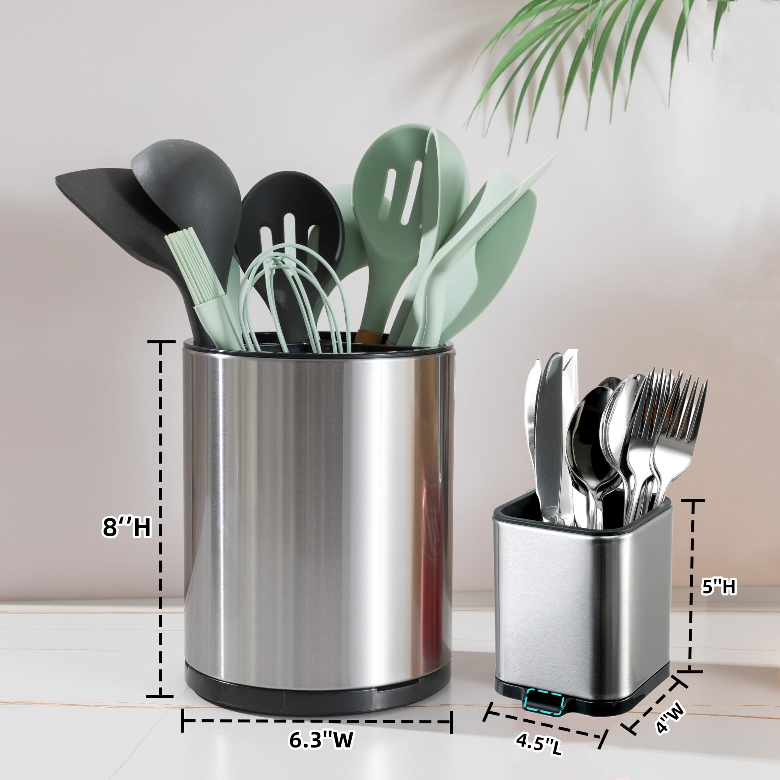 LIBODOUR Kitchen Utensil Holder Set of 2 Extra Large Rotating For Counter Organizer Stainless Steel Storage Cooking Silverware Caddy Flatware Spoon Spatula Lazy Susan (Mother And Child)