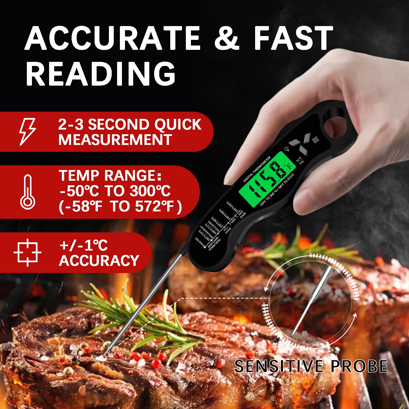 Meat Thermometer Digital,IP67 Waterproof Cooking Thermometer with Backlight, Calibration & Hold Function,Food Thermometer for Cooking,Outdoor Grilling