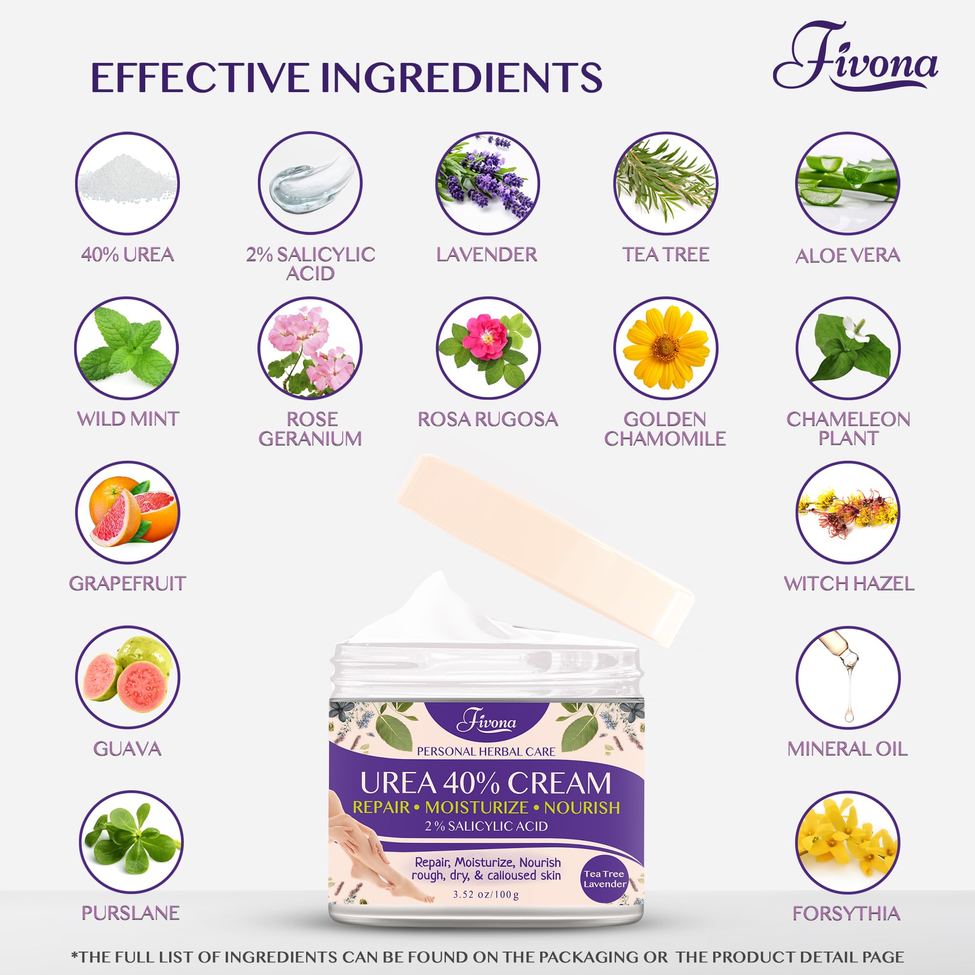 FIVONA 40% Urea Cream with 2% Salicylic Acid - Foot Cream with Tea Tree and Lavender Extracts Foot Lotion for Dry Cracked Heels, Dead Skin & Callus Remover, Feet Moisturizer Repair Cream