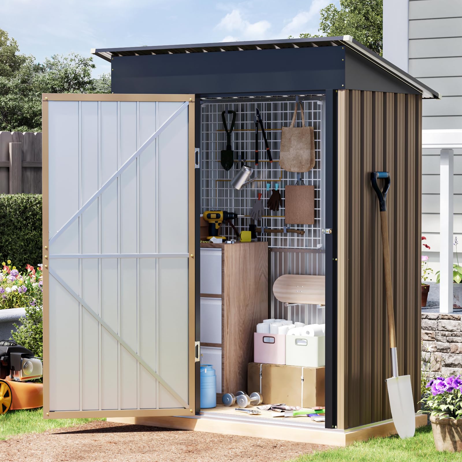 Grovellis 3x5 FT Outdoor Metal Storage Shed with Floor Frame, Single Door, 1 Clear Window, Tool Shed for Garden, Patio, Backyard Brown