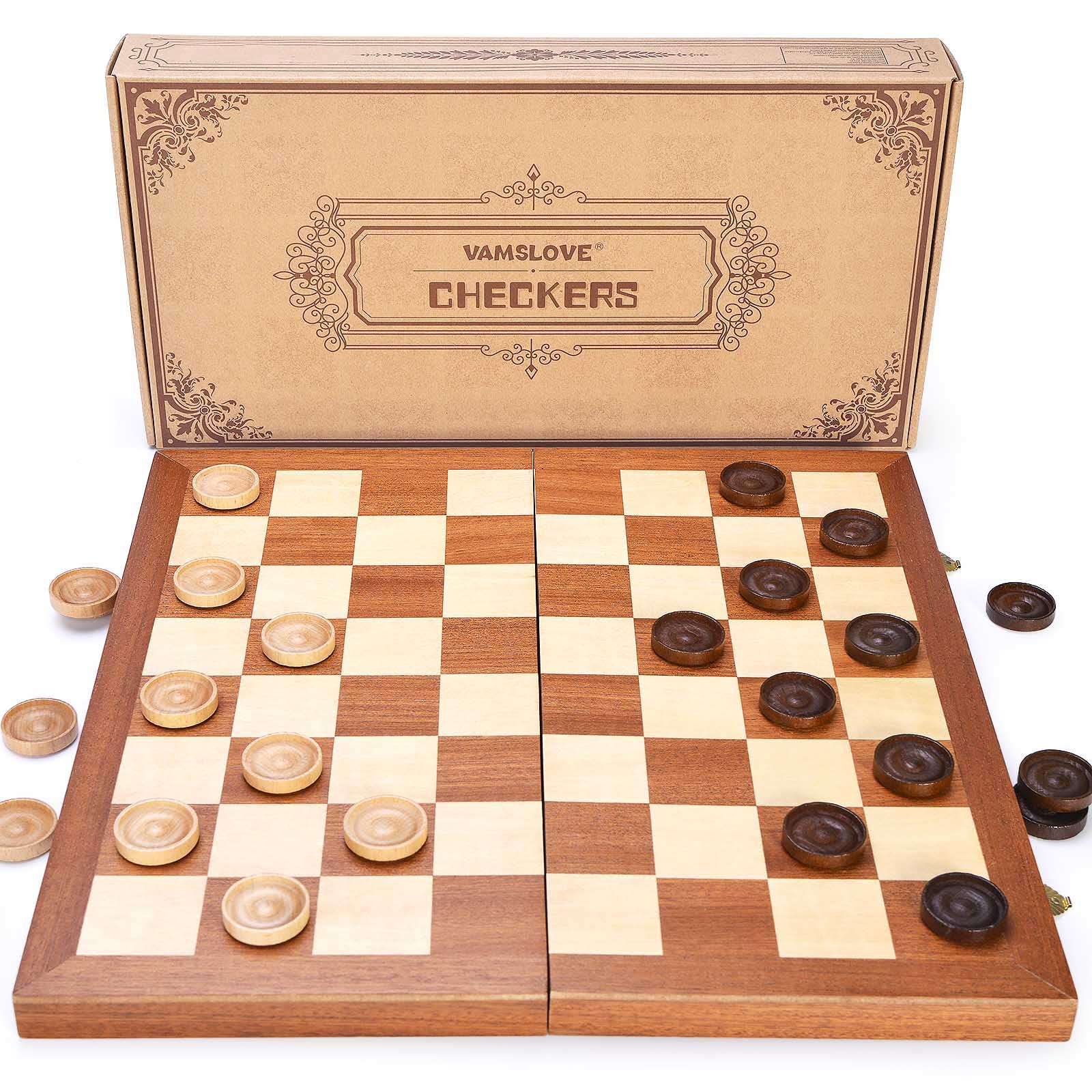 VAMSLOVE 14inch Checkers Folding Wooden Game Set, 8x8 Classic Checkerboard International Checkers Draughts Board 64 Square with Pieces Storage Slots (Instructions Included)
