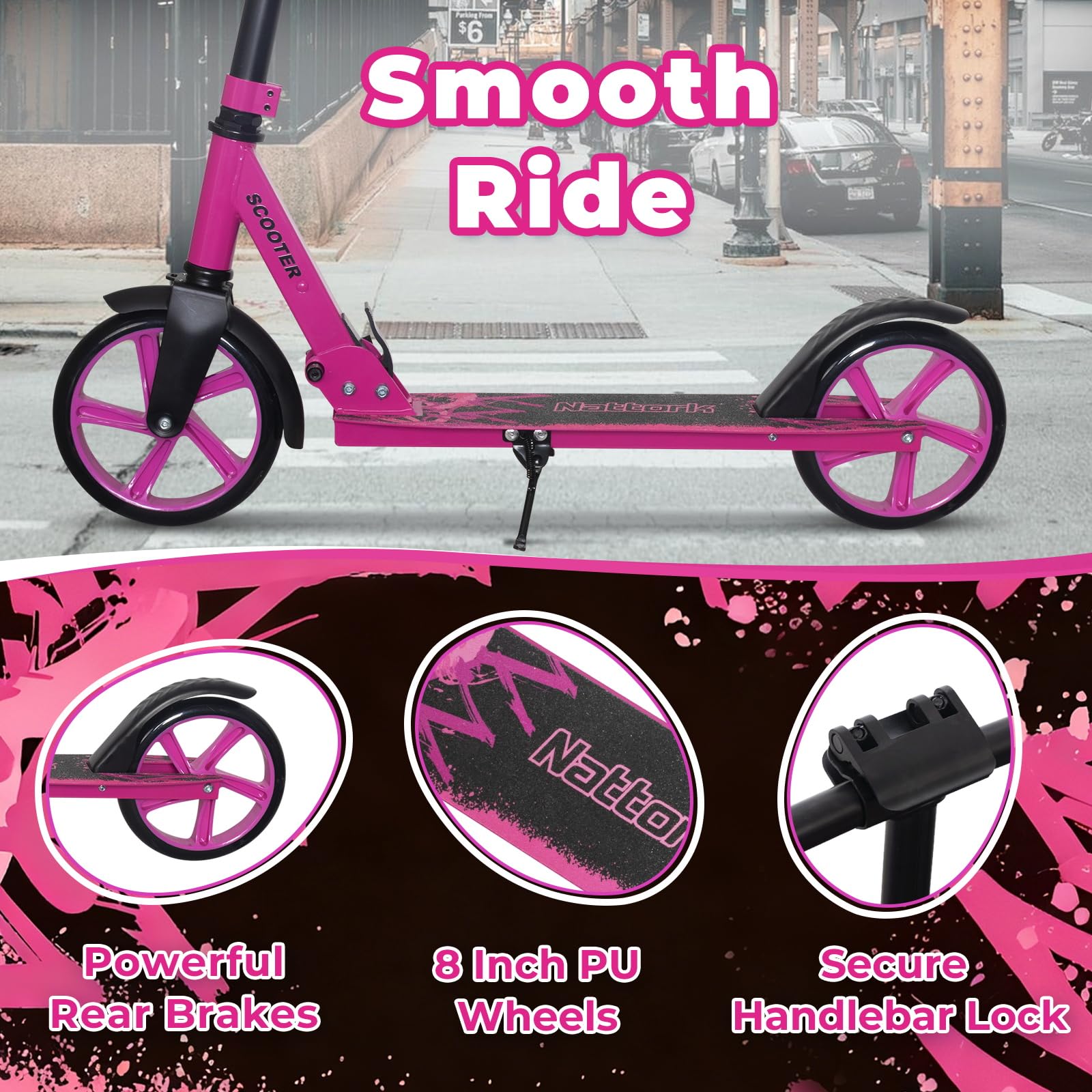 Nattork Scooter for Kids 8-12, Teens and Adults- Adjustable Height Folding Kick Scooter with Large Sturdy Wheels for a Smooth Ride, Lightweight, Anti-Shock Suspension for Boys and Girls