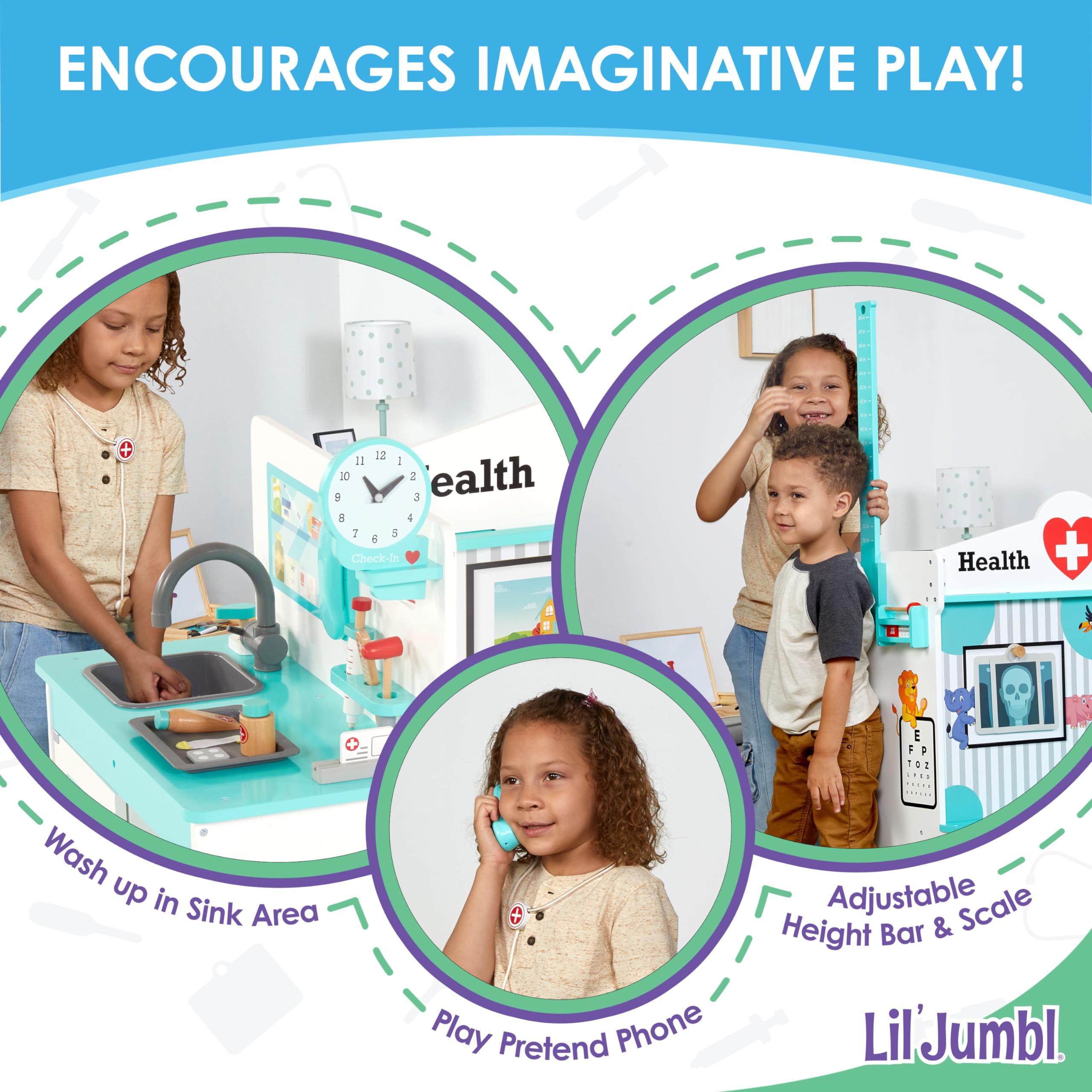 Lil’ Jumbl Wooden Doctor Playset, Multi-Sided Medical Office Activity Center with Exam Room, Check-in & Waiting Areas, Toddler Playset, Doctors Office Pretend Play