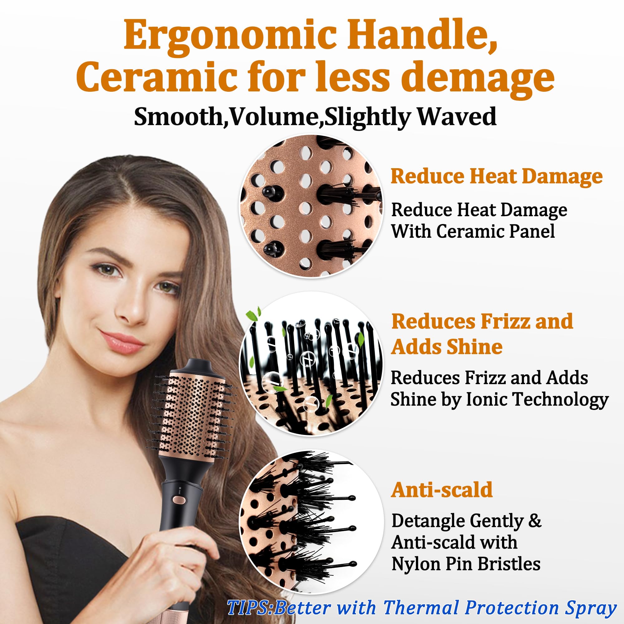 Hair Dryer Brush Blow Dryer Brush in 1 - Detachable 1 Step Volumizer, Styler, Dryer, 2.8" Oval Barrel, Professional Salon Hot Air Brush, Black Gold