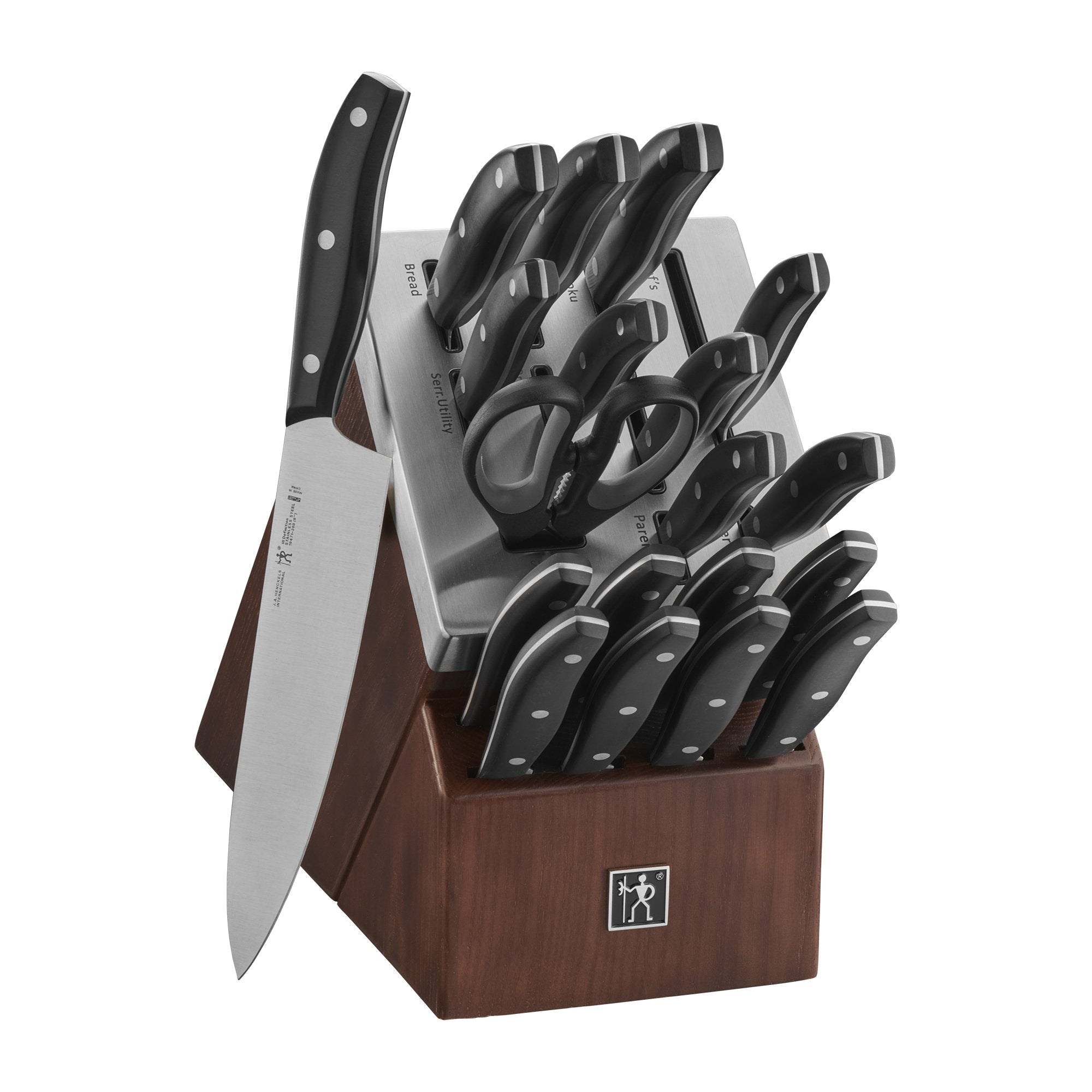 HENCKELS Definition 20-Piece Self-Sharpening Knife Block Set for Paring, Boning, Santoku, Chefs, Carving, Kitchen Shears, German Engineered Informed by 100+ Years of Mastery, Brown, Black, Silver