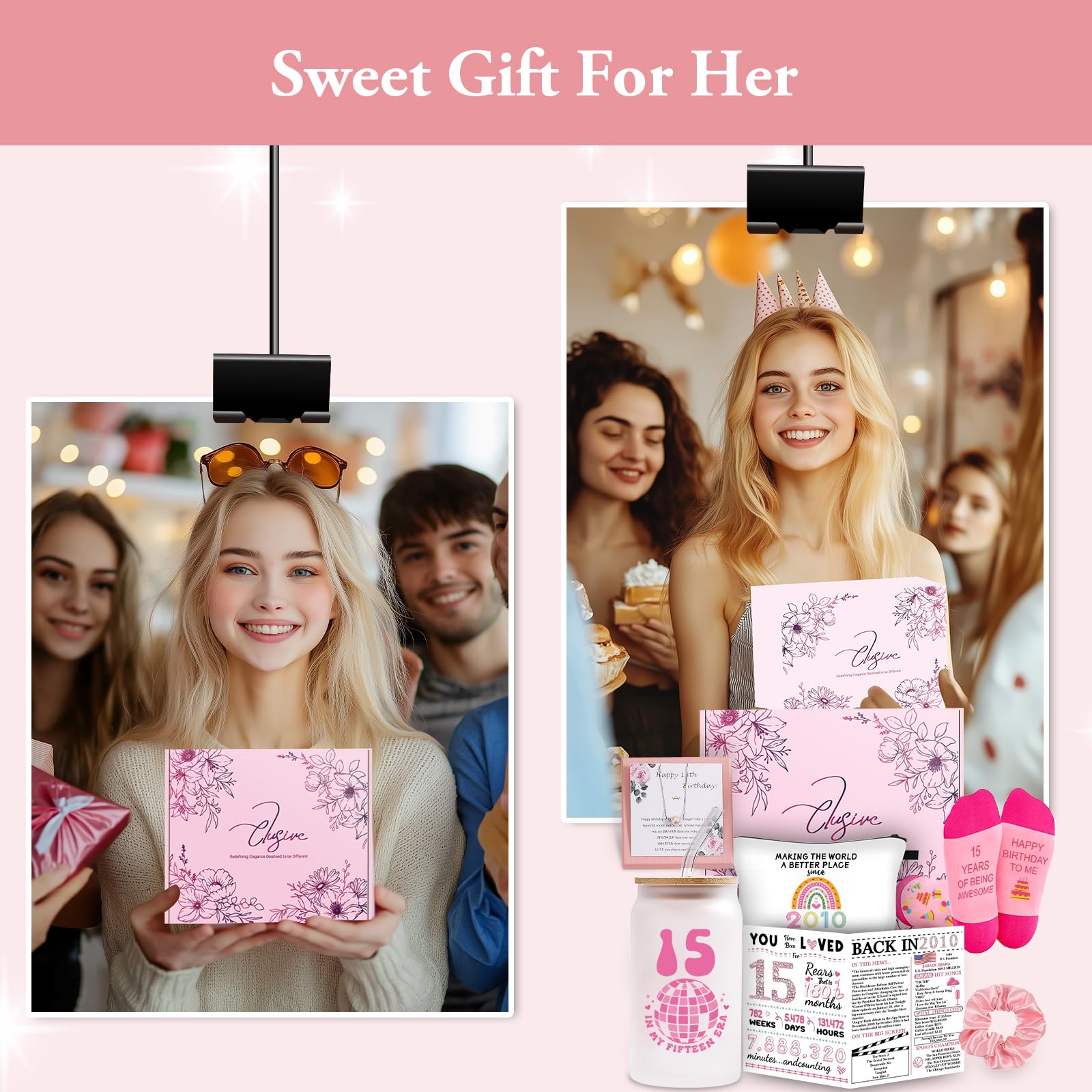 SIPBYSOP 15th Birthday Gift Set for Girls Born in 2010: Glass Cup, Necklace, Socks, Cosmetic Bag, Card - Cute 15 Year Old Girl Gifts