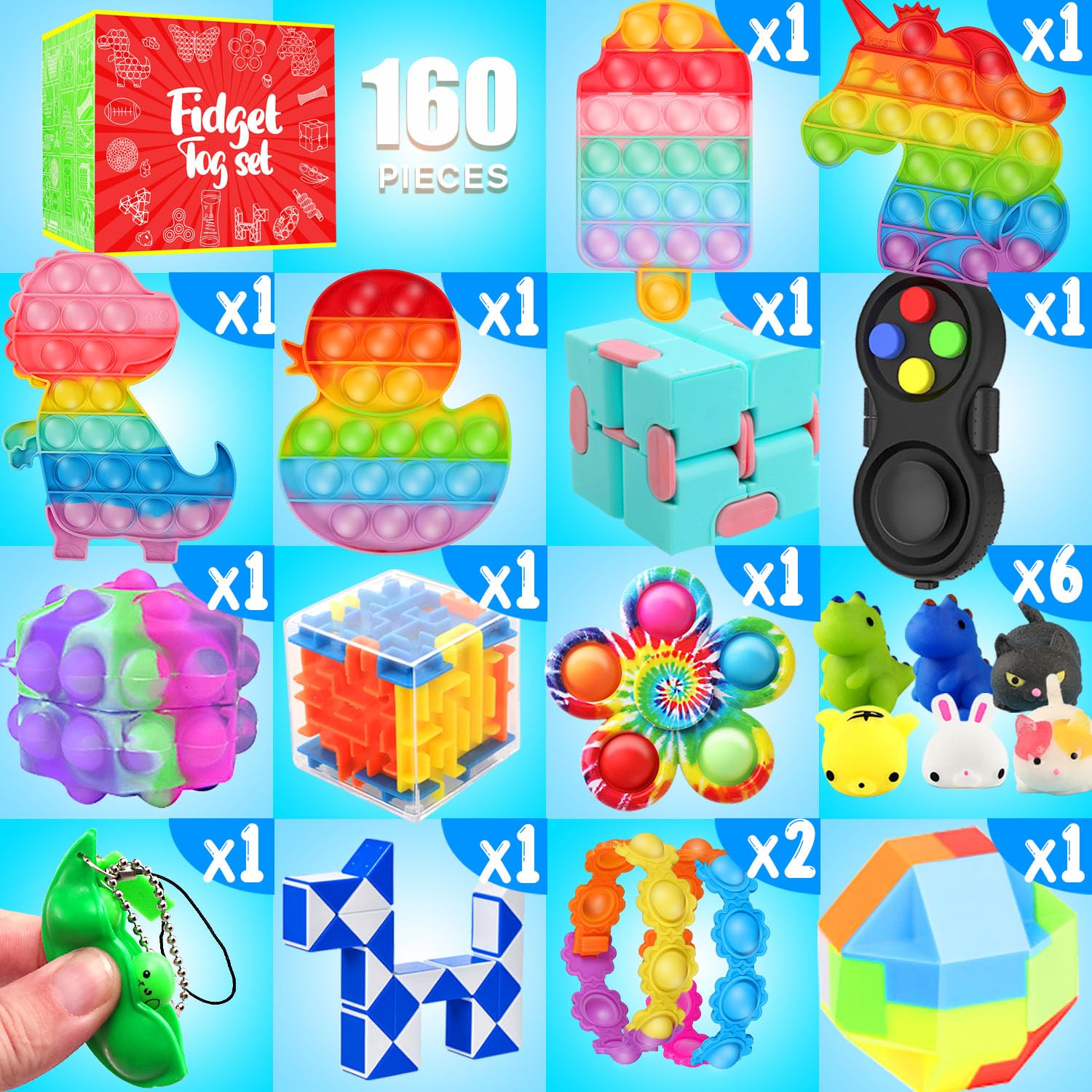 Fidget Toys, 160 Pack Party Favors for Kids 8-12 4-8, Sensory Toys Bulk Autism Autistic, Treasure Box Toys for Classroom, Stocking Stuffers, Goodie Bag Stuffers, Christmas Birthday Gifts Prizes