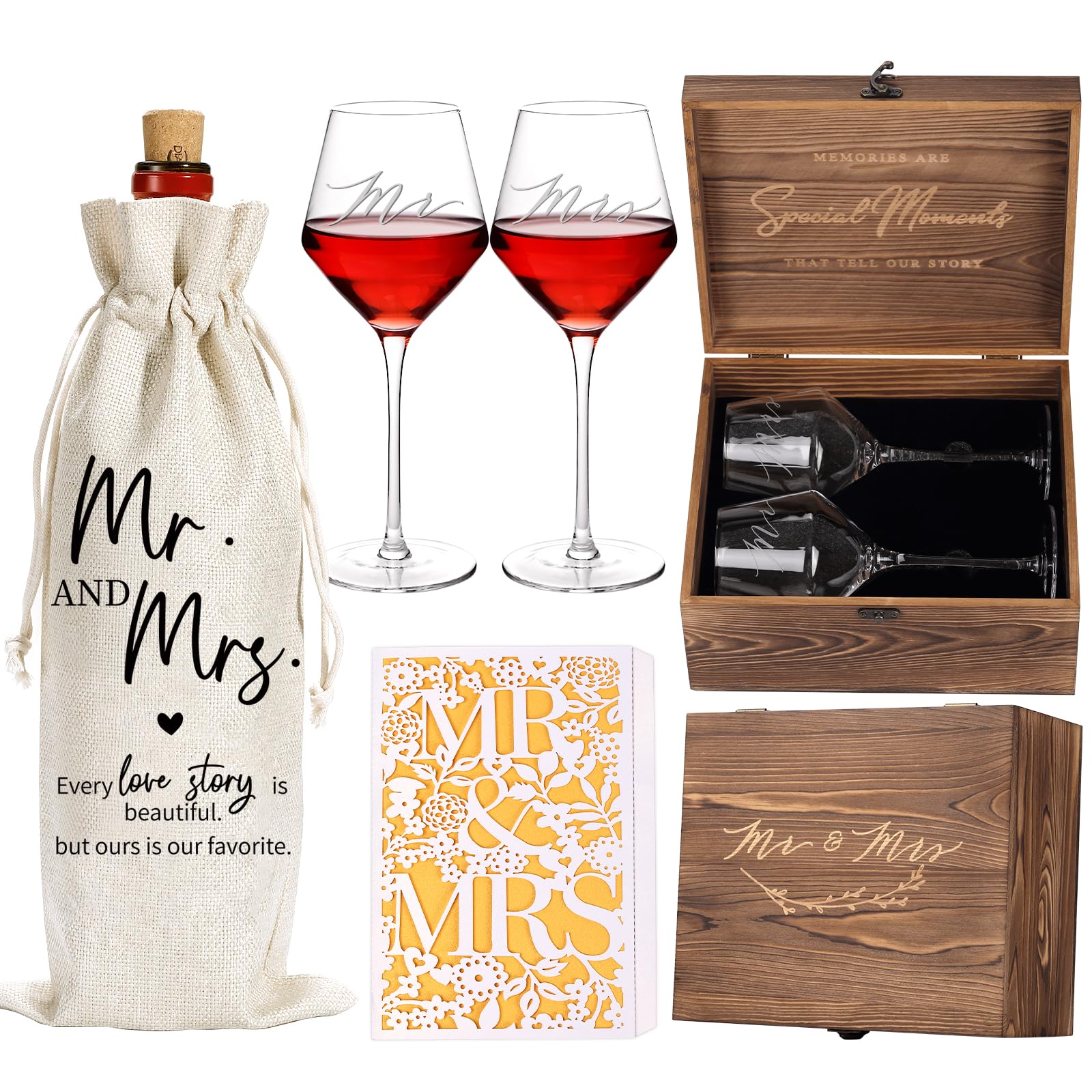 SIPBYSOP Wedding Gifts Mr and Mrs Wine Glasses, Bridal Shower Engagement Gifts for Couples,Wedding Glasses for Bride and Groom, Memory Keepsake Box, Wine Bag, Greeting Card