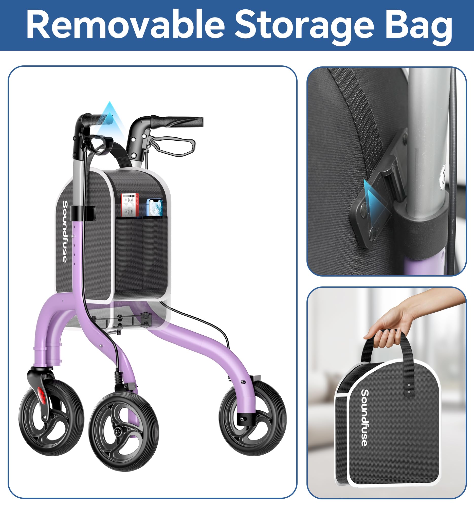 SOUNDFUSE 3 Wheel Walkers for Seniors, Lightweight Foldable Aluminum Rollator Walker, Height Adjustable Three Wheel Walker, Purple