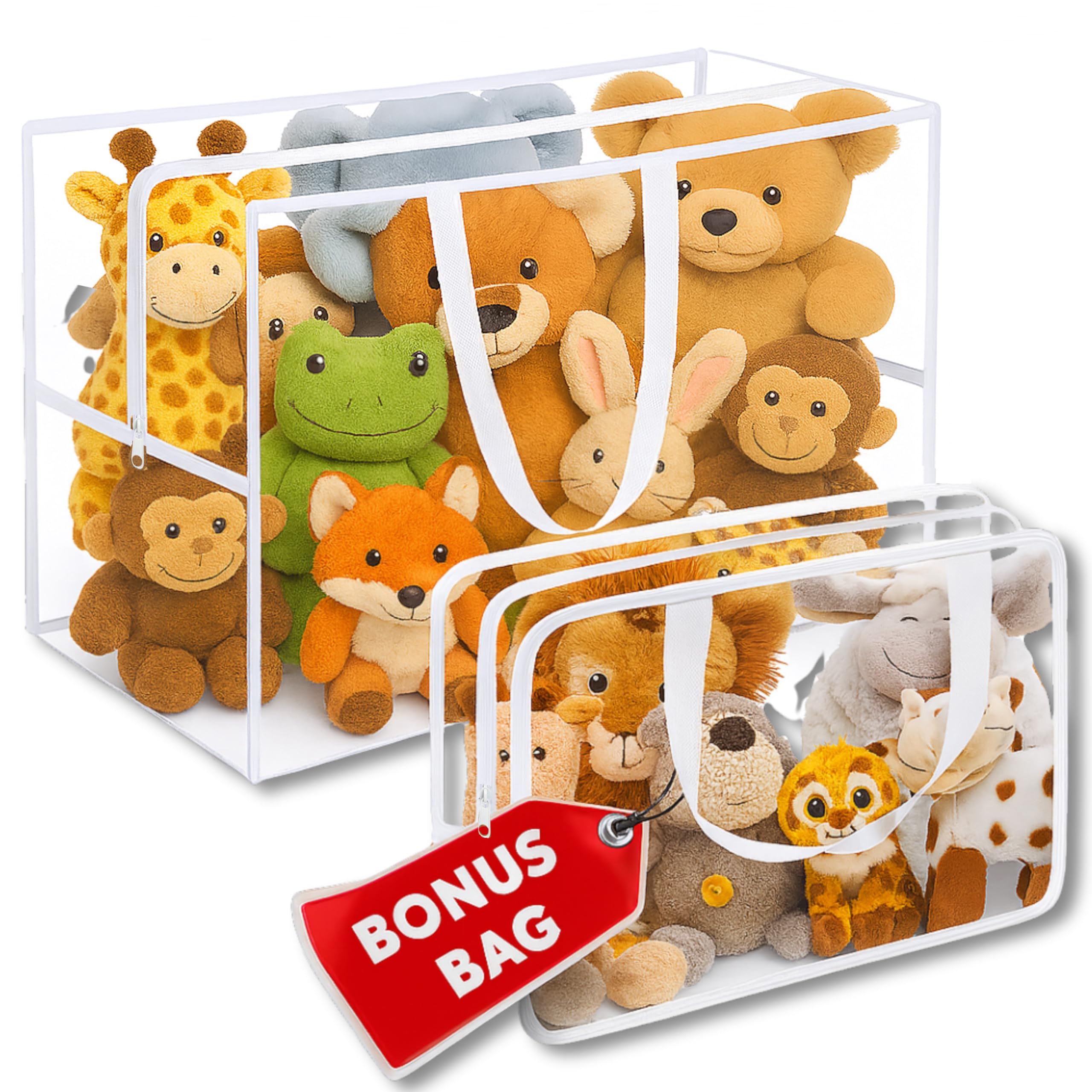 Honeyera Stuffed Animals Storage Bags with Zipper - Set of 2 with 1 Large Toy Storage Bag for Home Organization & 1 Portable Small Tote for Travel - Clear PVC Material for Easy Visibility & Organizin