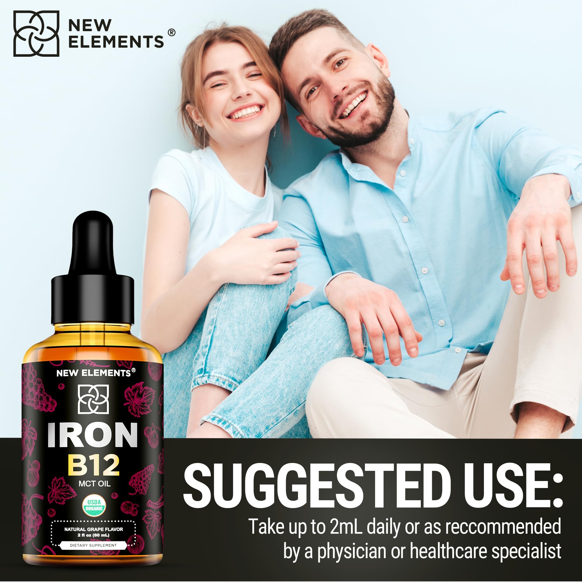 Liquid Iron Supplement for Women & Men with Vitamin B12 5000mcg - Free Blood Builder for Anemia - Liquid Vitamin B12 Drops for Adults with MCT Oil, Natural Grape Flavor, 2 Fl Oz