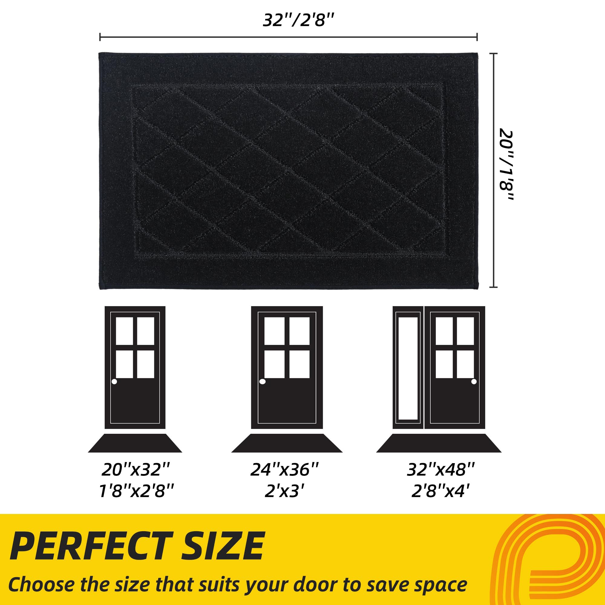 JSEI Dirt Trapper Door Mat 20"x32", Non-Slip Washable Entryway Mats, Dog Door Mat, Stain Resistant and Absorbent Floor Mats, Low Profile Welcome Mat for Front Back Door, Black