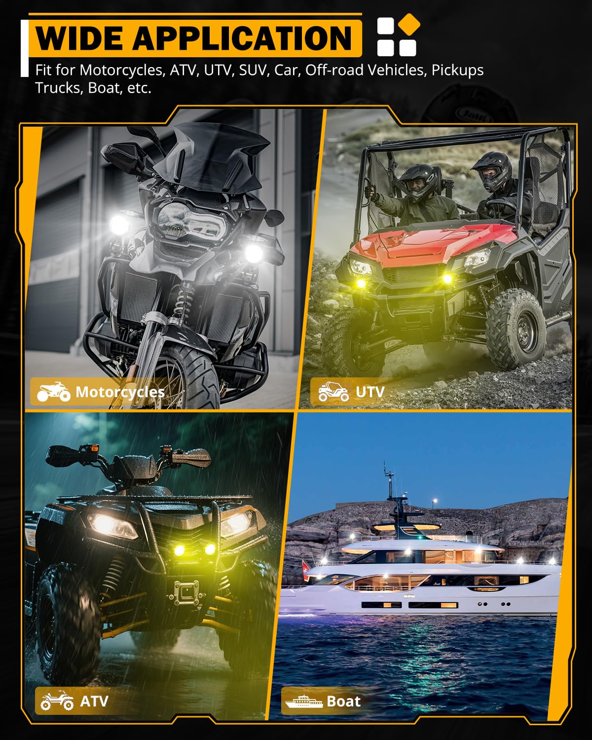 Auxbeam Motorcycle Auxiliary Lights Fog Lights LED Driving Light Spotlight with Halo DRL, White/Amber 8 Modes Dual-Color Strobe LED Offroad Work Lights for Motorcycle SUV ATV Trucks