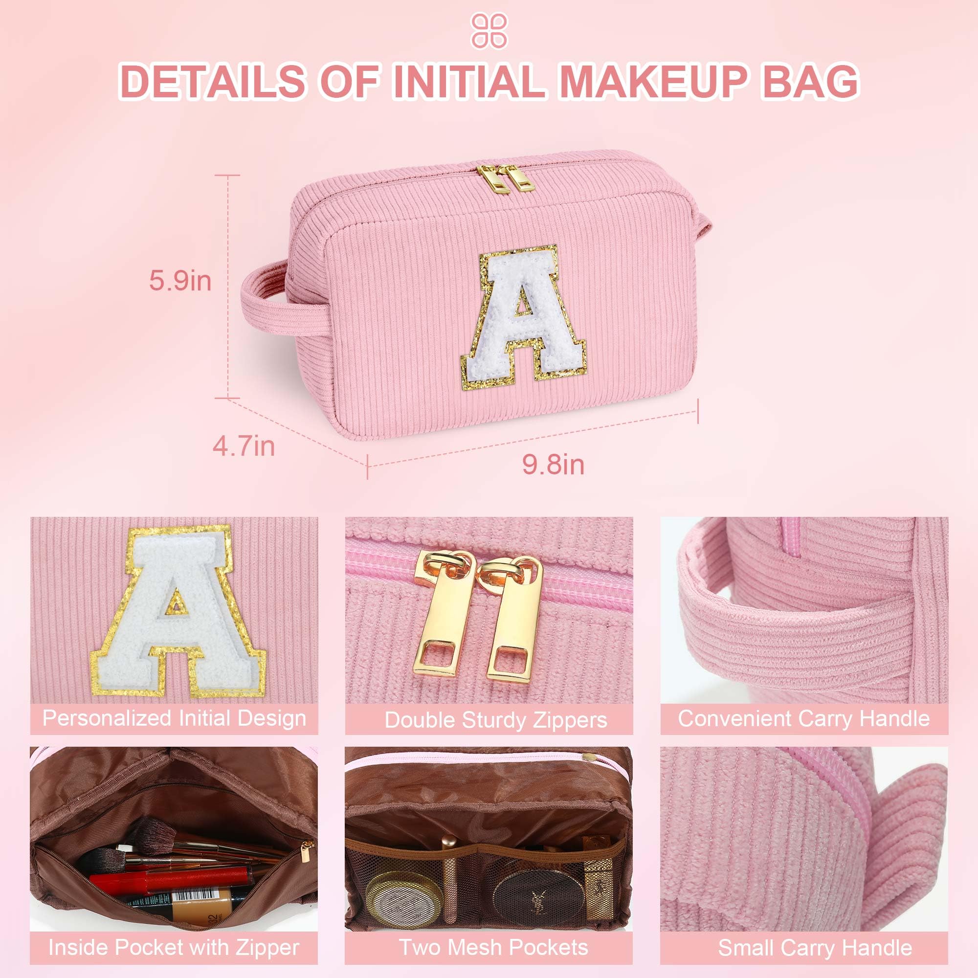 YOOLIFE Travel Makeup Bag Cosmetic Bag - Birthday Gifts for Girls Women Make Up Bag Monogram Cute Makeup Bag Personalized Teen Girl Gift Daughter Friend Birthday Gifts for Women Her Girl Blue Letter A