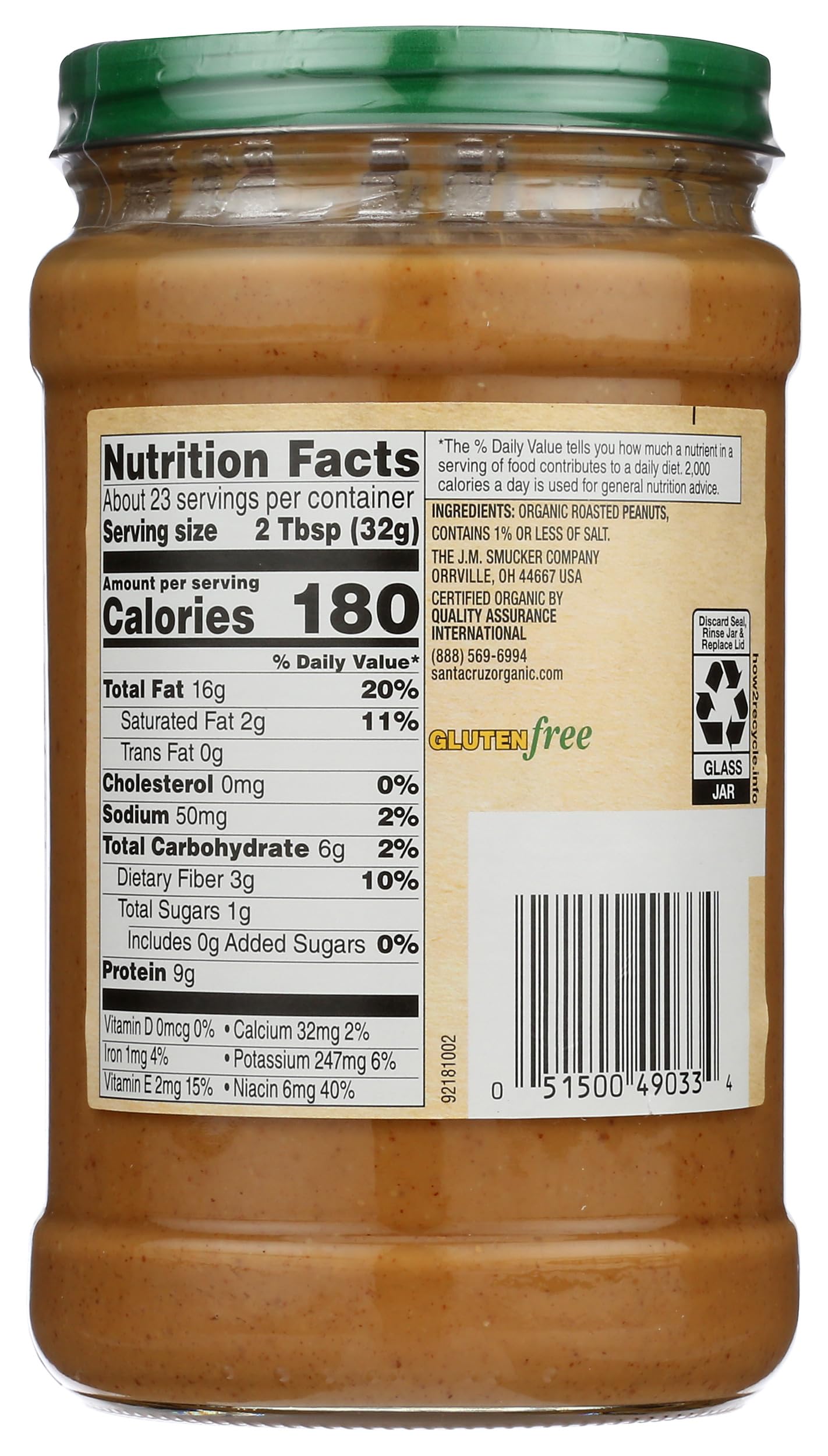 SANTA CRUZ ORGANIC Organic Dark Roasted Creamy Peanut Butter, 26 OZ