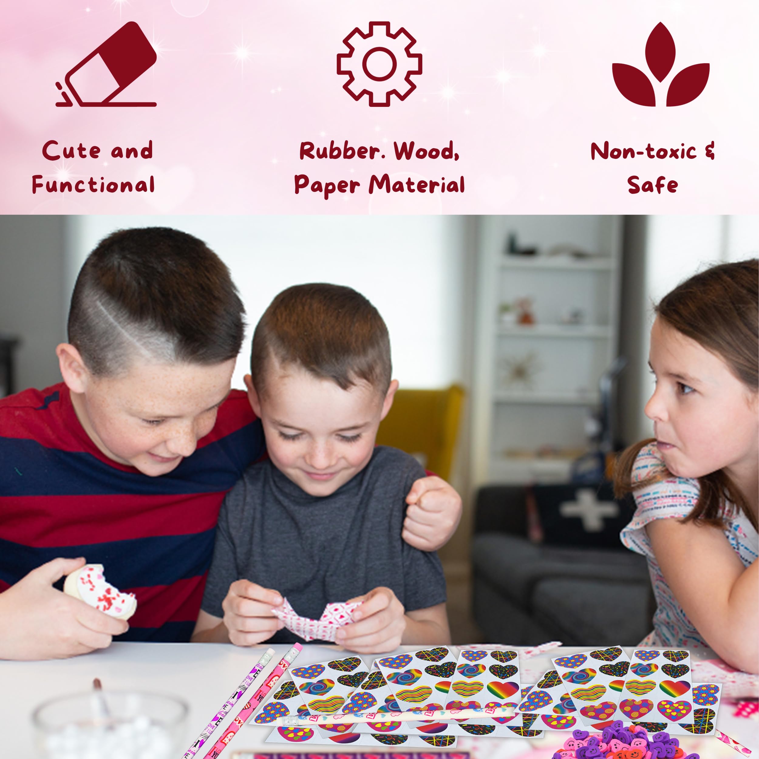 4E's Novelty 36 Set Valentine’s Day Stationary Gifts for Kids - 36 Pencils, 36 Heart Erasers, 104 Stickers - Valentines Classroom Exchange Toys, Class Party Favors From Teacher To Student