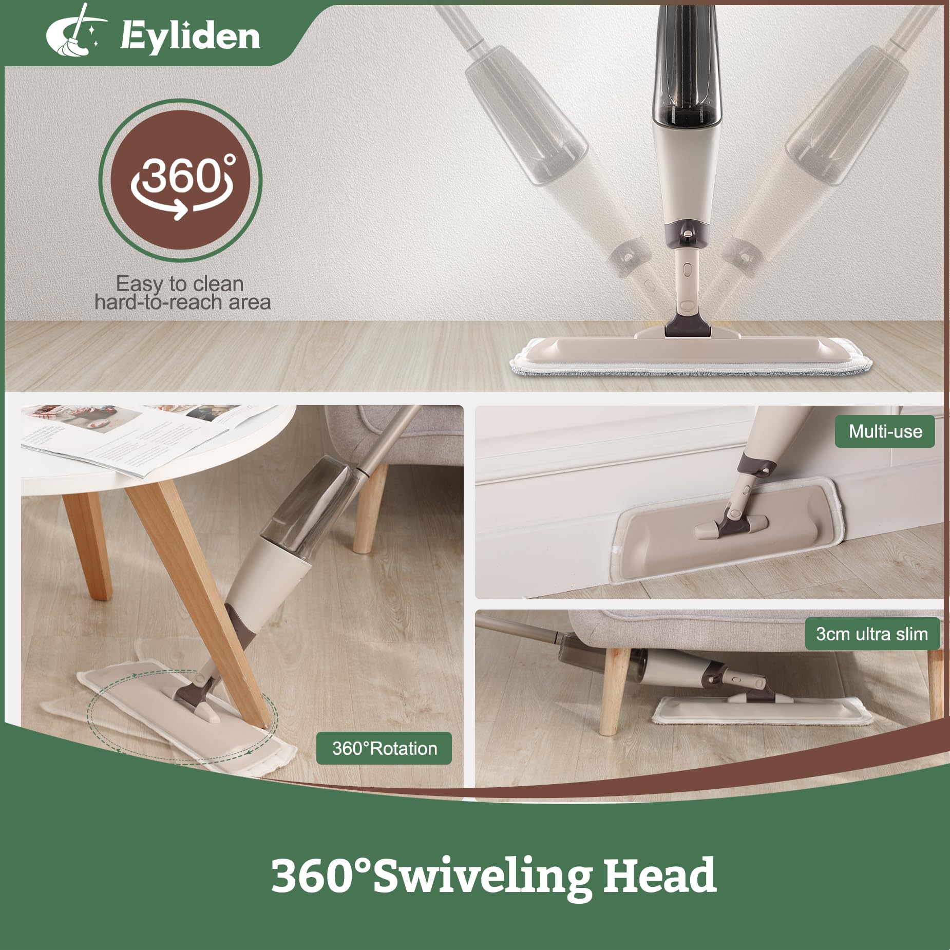 Eyliden Wet and Dry Spray Mop - 360° Rotating Head, 22 oz Refillable Bottle, 2 Washable Microfiber Pads, Ergonomic Handle - Floor Mop with Spray for Hardwood, Tile, and Laminate Floors (Brown)