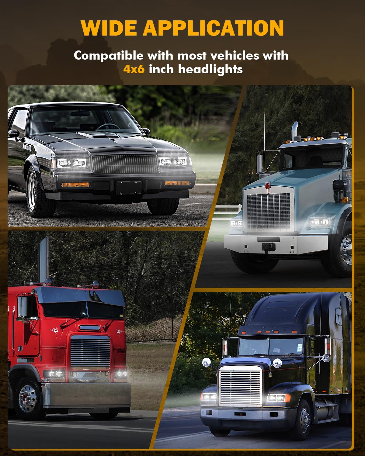 Auxbeam 4x6 LED Headlights with DRL Hi/Lo Beam Separately DOT Approved Rectangular Headlamps Replacement H4651 H4652 H4656 H4666 H6545 for Peterbil Kenworth Freightliner Ford Trucks, 4PCS Black