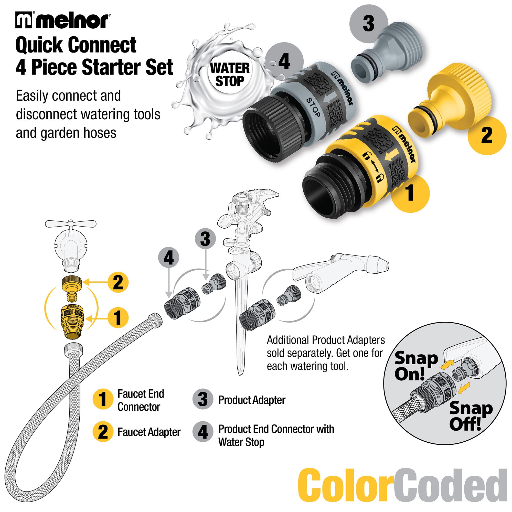 Melnor 65134AMZ 5 Piece Quick Connect Starter Set Connector Bundle, Product and Faucet Adapter, Product End and Faucet End Connector, Black, Yellow, Grey