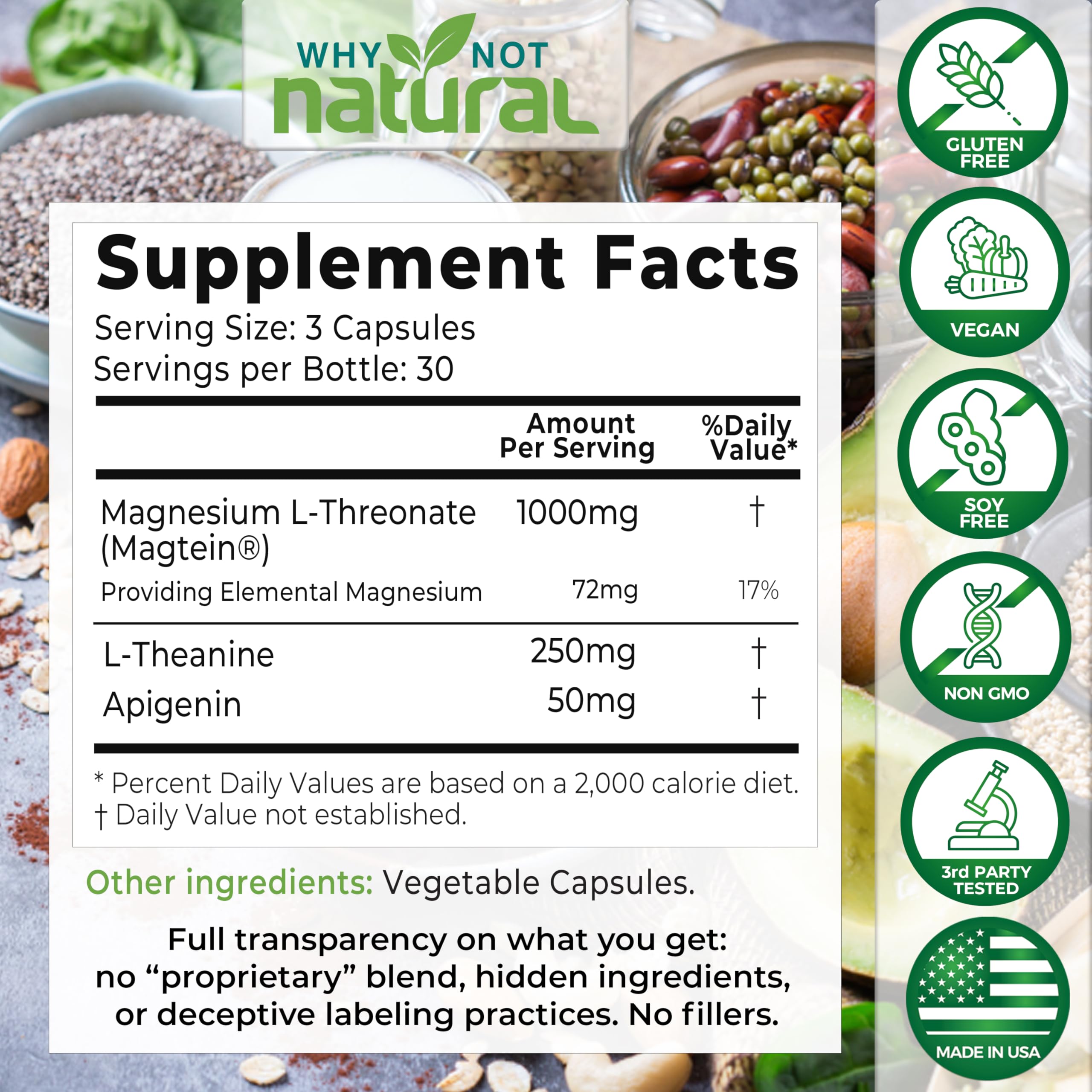 Why Not Natural Magnesium L-Threonate Complex with Apigenin and L-theanine 90 Capsules, Patented Magtein Supplement, Sugar Free, Vegan, Non-GMO, Gluten Free, 90 Capsules