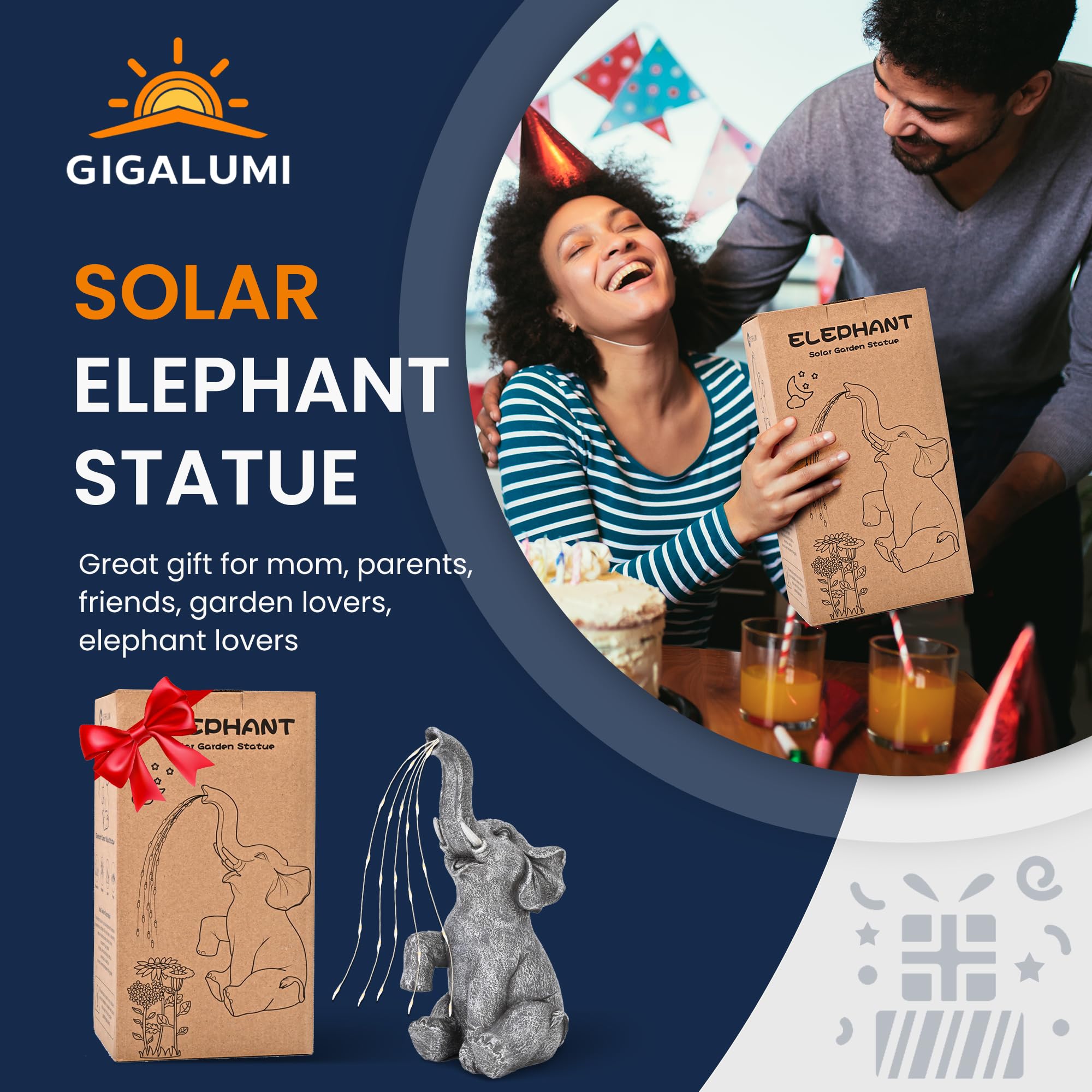 GIGALUMI Elephant Statue Solar Garden Decor, Birthday Gifts for Women, Gifts for Mom Grandma Senior Eleder, Outdoor Elephant Decor Ornament for Balcony, Garden, Patio, Yard, Lawn (Stay On Mode Only)