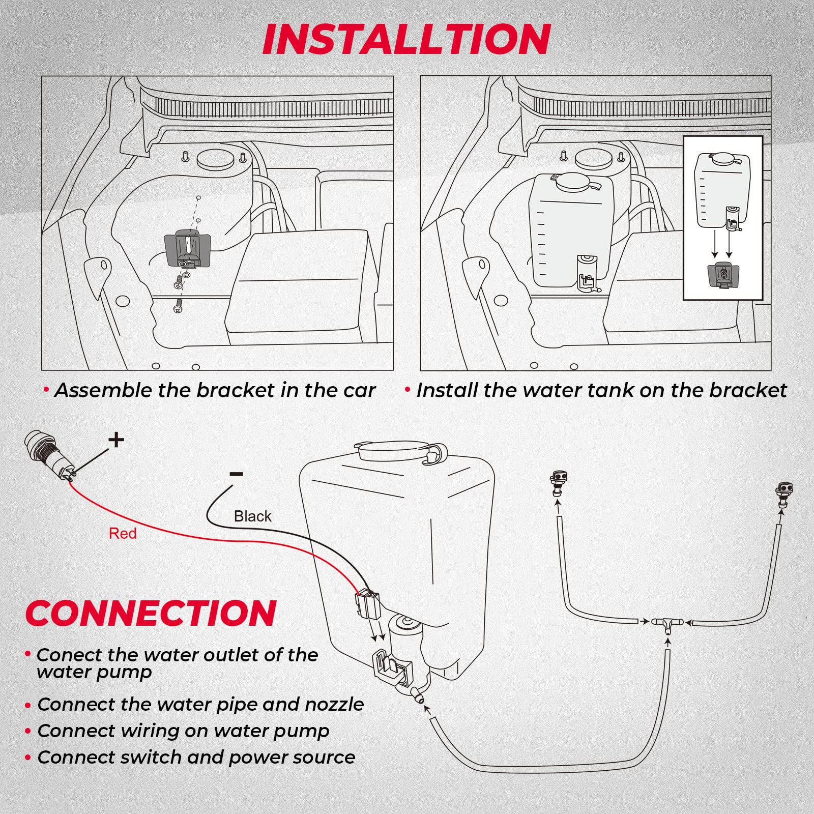 KEMIMOTO Universal Car Windshield Washer Pump Washer Fluid Reservoir Bottle Kit with Pump Jet Button Switch 12V Windshield Tank