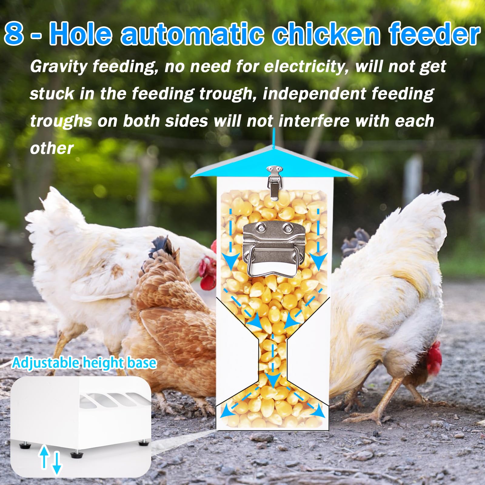 Large Automatic Chicken Feeder with 8 Feeding Ports, No Waste Design, Height-Adjustable Legs & Secure Locking Lid for Chickens, Ducks & Poultry (20 lbs)