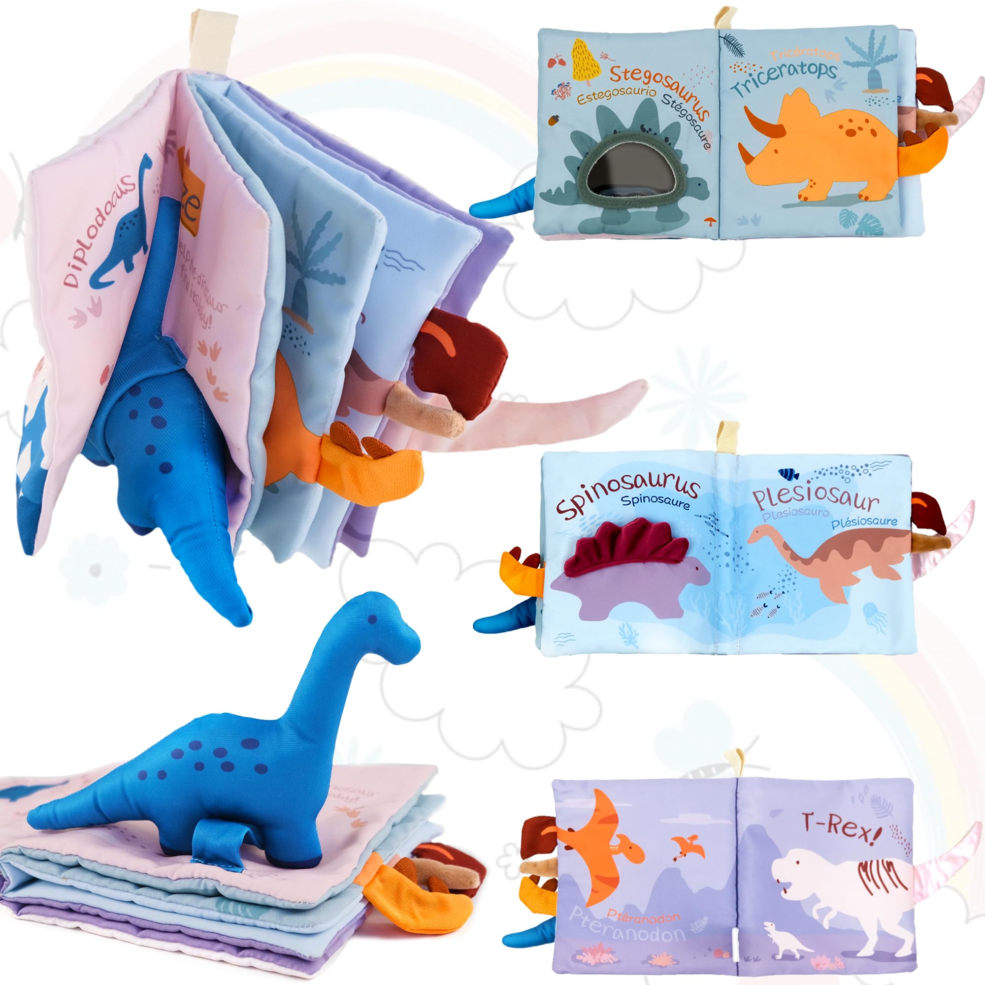 Richgv Baby Books Toys 0-6-12 Months, Baby Boy Girl Gifts Toys 0-6-12 Touch and Feel 3D Books with Dino Doll, Newborn Infant Carseat Toys Teething Toys Christmas Stocking Stuffers for Boys Girls