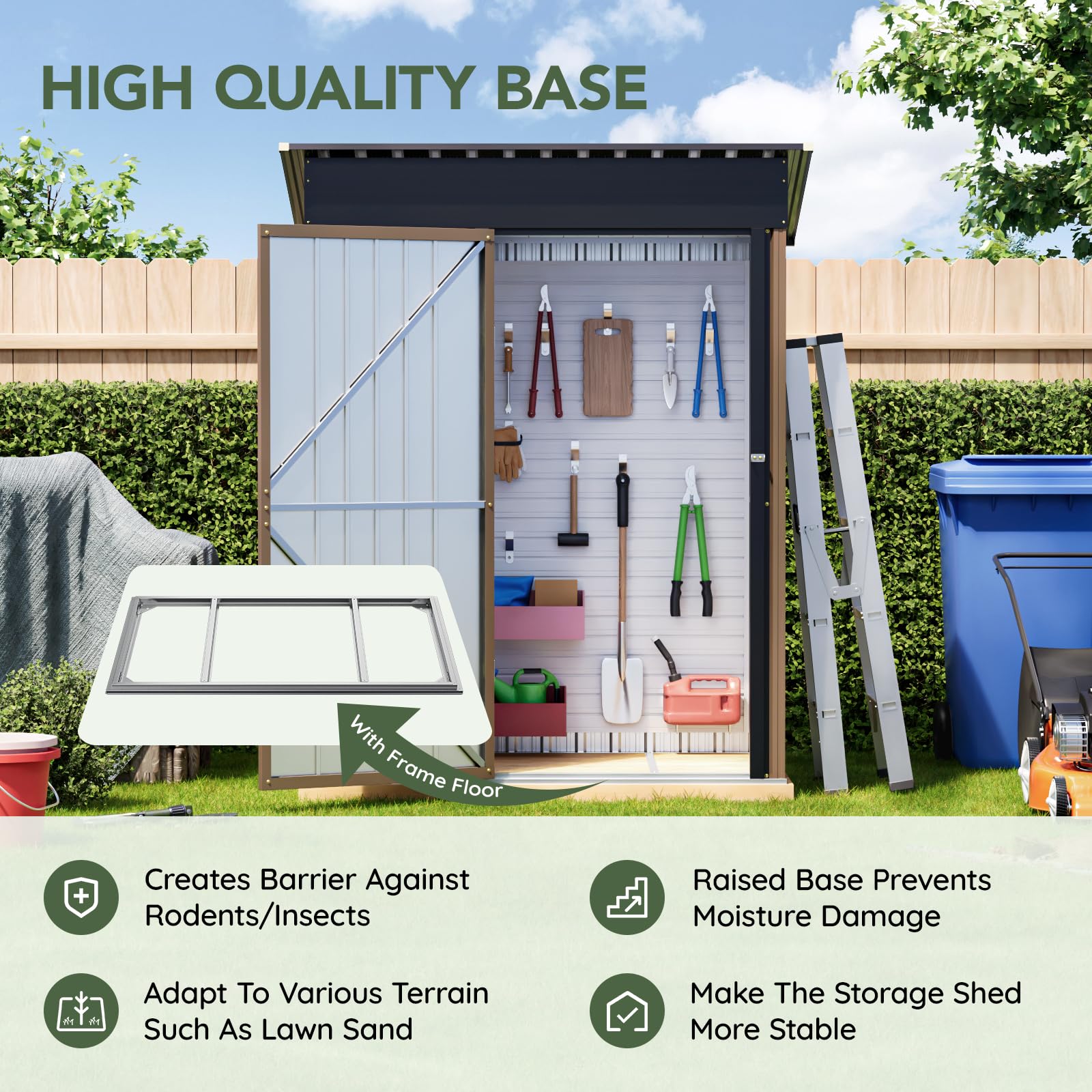 Grovellis 3x5 FT Outdoor Metal Storage Shed with Floor Frame, Single Door, 1 Clear Window, Tool Shed for Garden, Patio, Backyard Brown