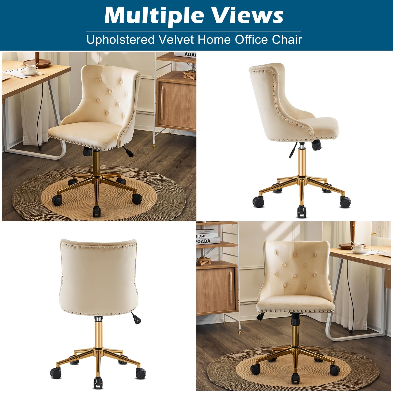 VINGLI Beige Velvet Armless Home Office Desk Chair with Gold Base/Wheels, Small Cute Vanity/Makeup Chair with Back for Bedroom, Upholstered Adjustable Rolling Swivel Nail Chair for Women/Girls