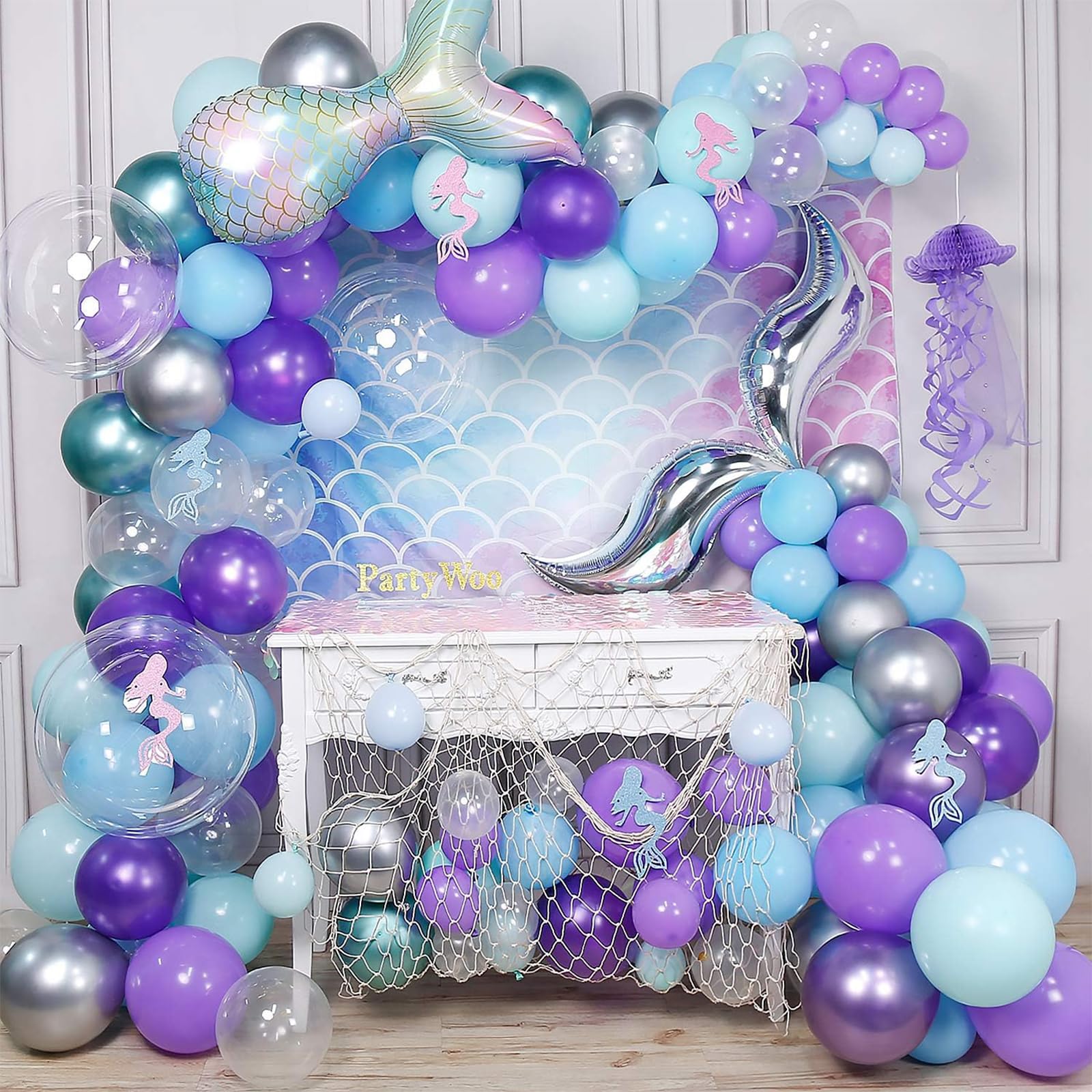 PartyWoo Mermaid Balloons Garland Kit, 180pcs Mermaid Backdrop, Mermaid Tail Balloons, Mermaid Stickers, Paper Jellyfish, Giant Bobo Balloons, Green Silver Purple Metallic Balloons, Blue Mint Balloons