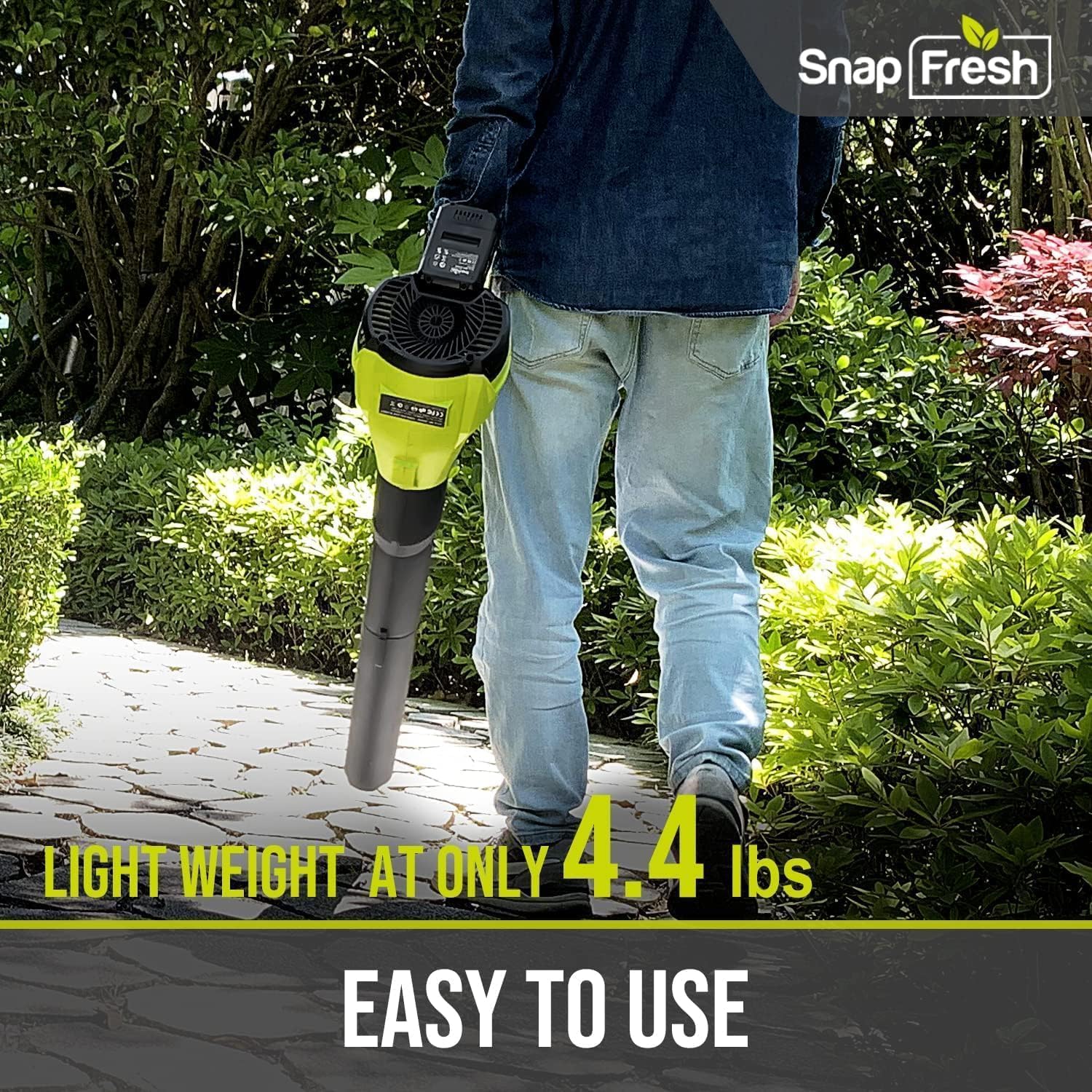 SnapFresh Leaf Blower Cordless - 350 CFM Cordless Leaf Blower with 4.0Ah Battery & Fast Charger, 20V Electric Battery Powered Leaf Blowers for Yard Porch Garden