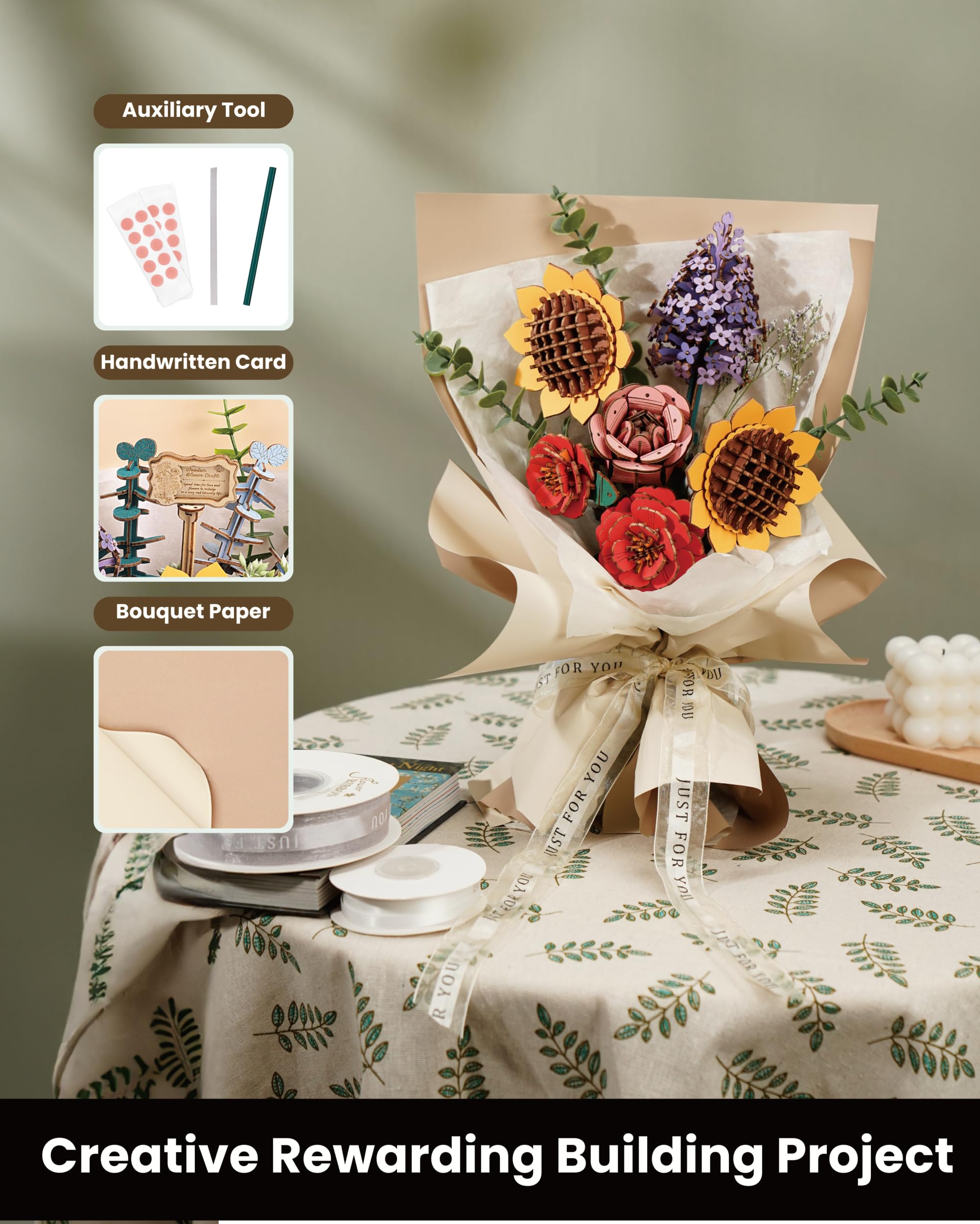 Wowood 3D Wooden Puzzles Flower Bouquet Model Kit Building Set for Adults, Wooden Flower Building Toy Botanical Collection, Creative Gift Idea Home Decor(Sunflower/Red Camellia/Pink Rose/Lilac)