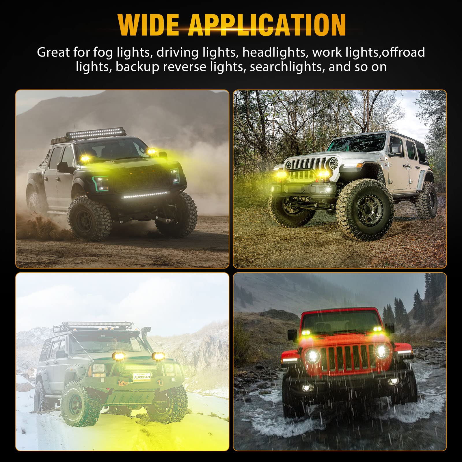 Auxbeam LED Amber Fog Light, 4Inch 60W Led Driving Offroad Lights Pod Super Bright with Wiring Harness Kit Yellow Flood Beam Pod Light for Truck SUV ATV UTV Jeep Wrangler Motorcycle