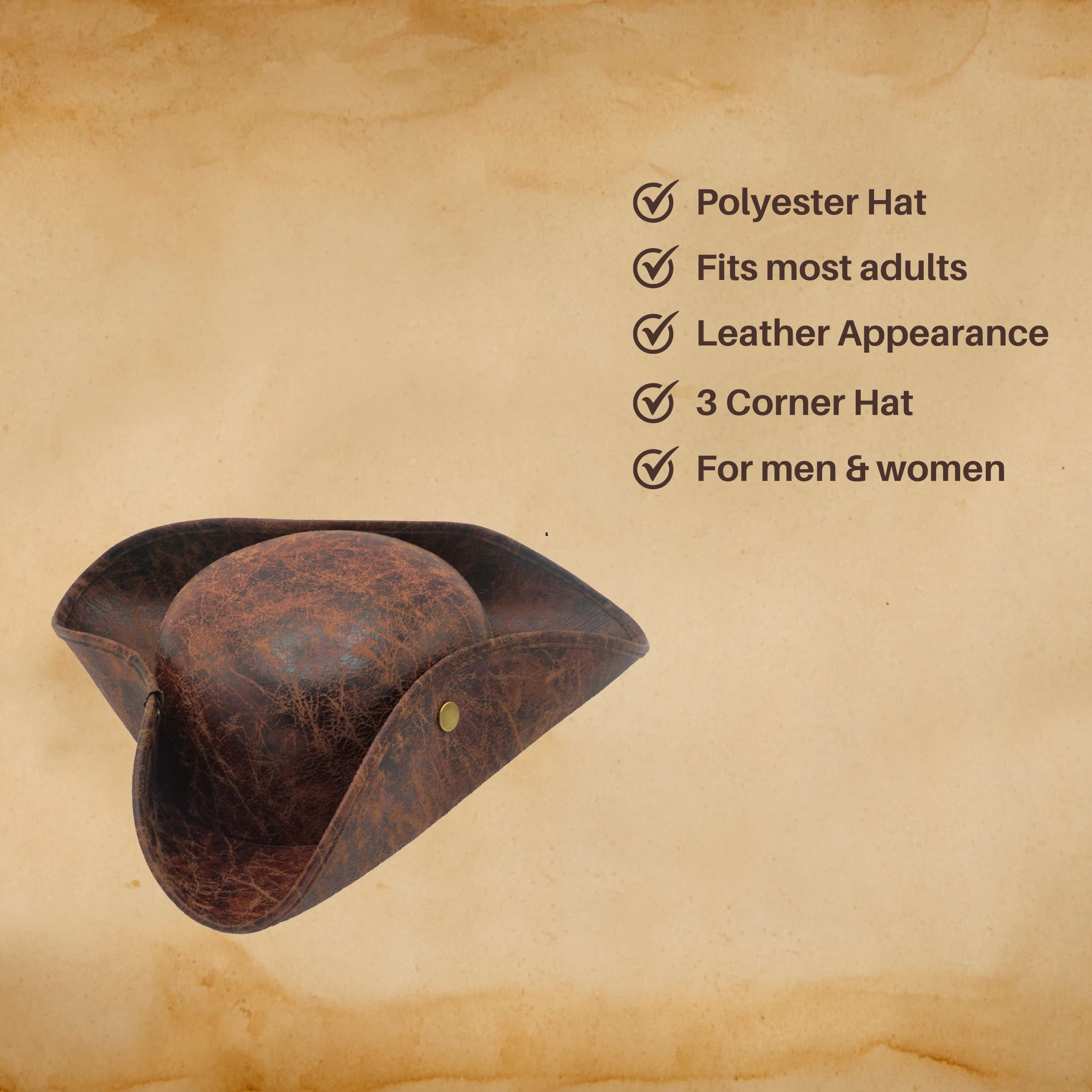 4E's Novelty Brown Faux Leather Pirate Hat for Adult Men Women Tricorn Hat for Halloween Pirate Costume Accessories