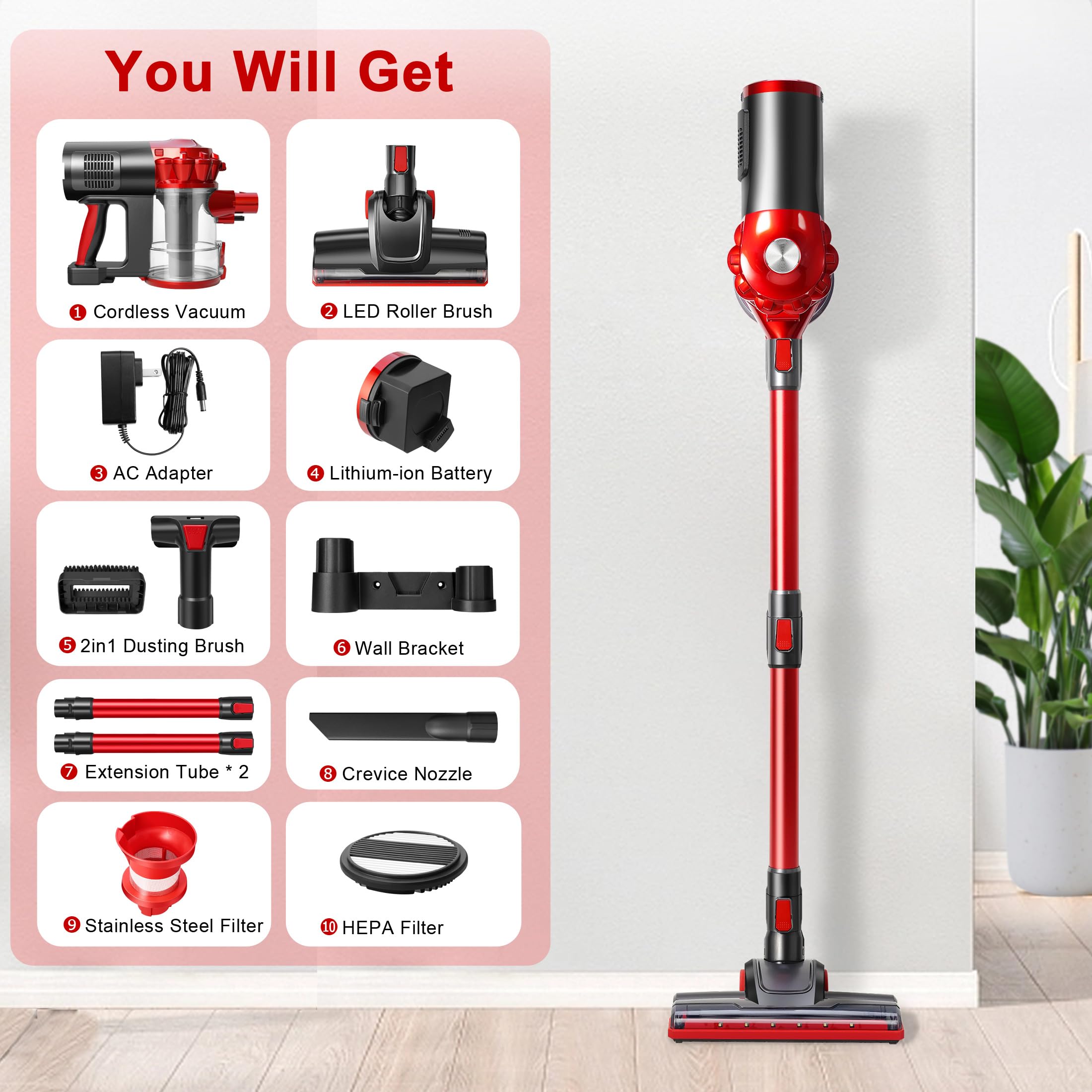 elezon A200 Cordless Vacuum Cleaner Rechargeable, Powerful Multi Cyclone Bagless Vacuum with HEPA Filter, Lightweight Portable Stick Handheld Vacuum Cleaner for Home Hardwood Floor Tile