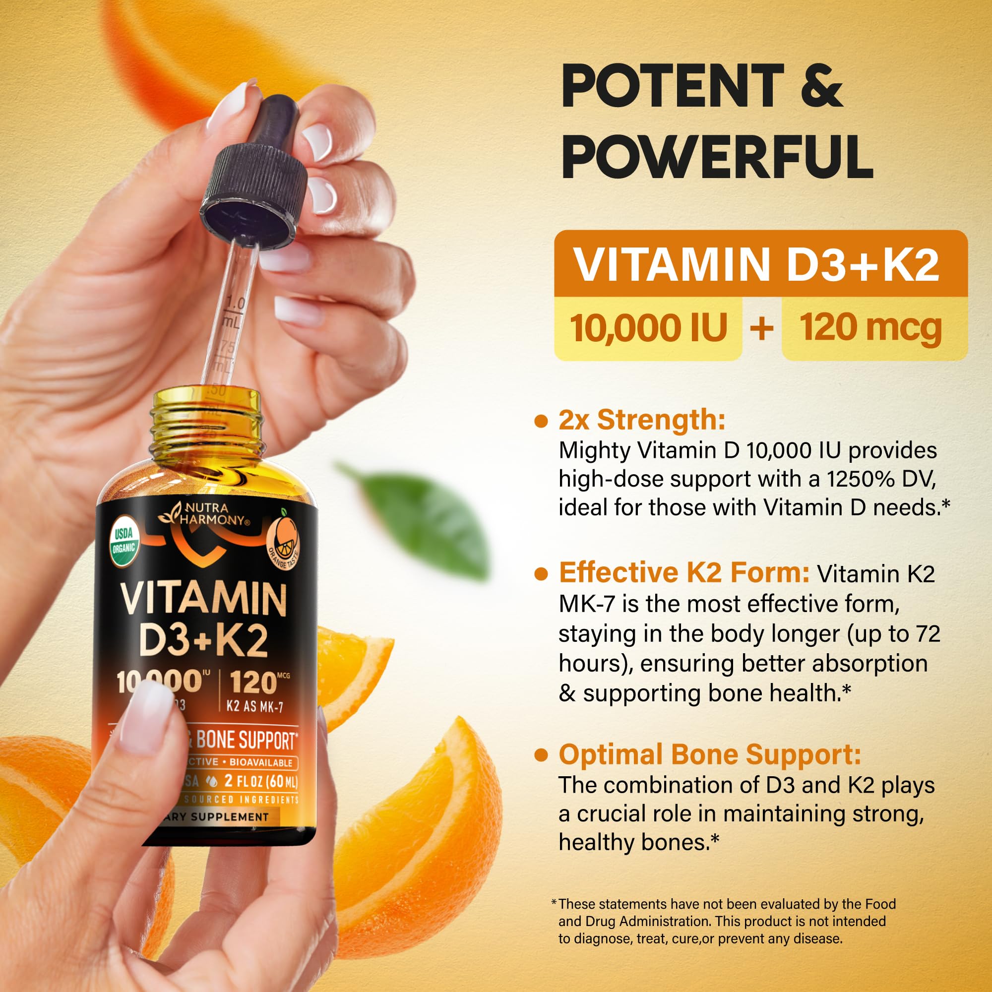 Vitamin D3 K2 USDA Organic Drops - Vitamin D3 10000 IU & K2 as MK-7 120mcg - Immune & Mood Support, Bone & Teeth Health - Sugar-Free Orange Flavor - Liquid Supplement - Made in USA - 2 FL OZ, 60 Days